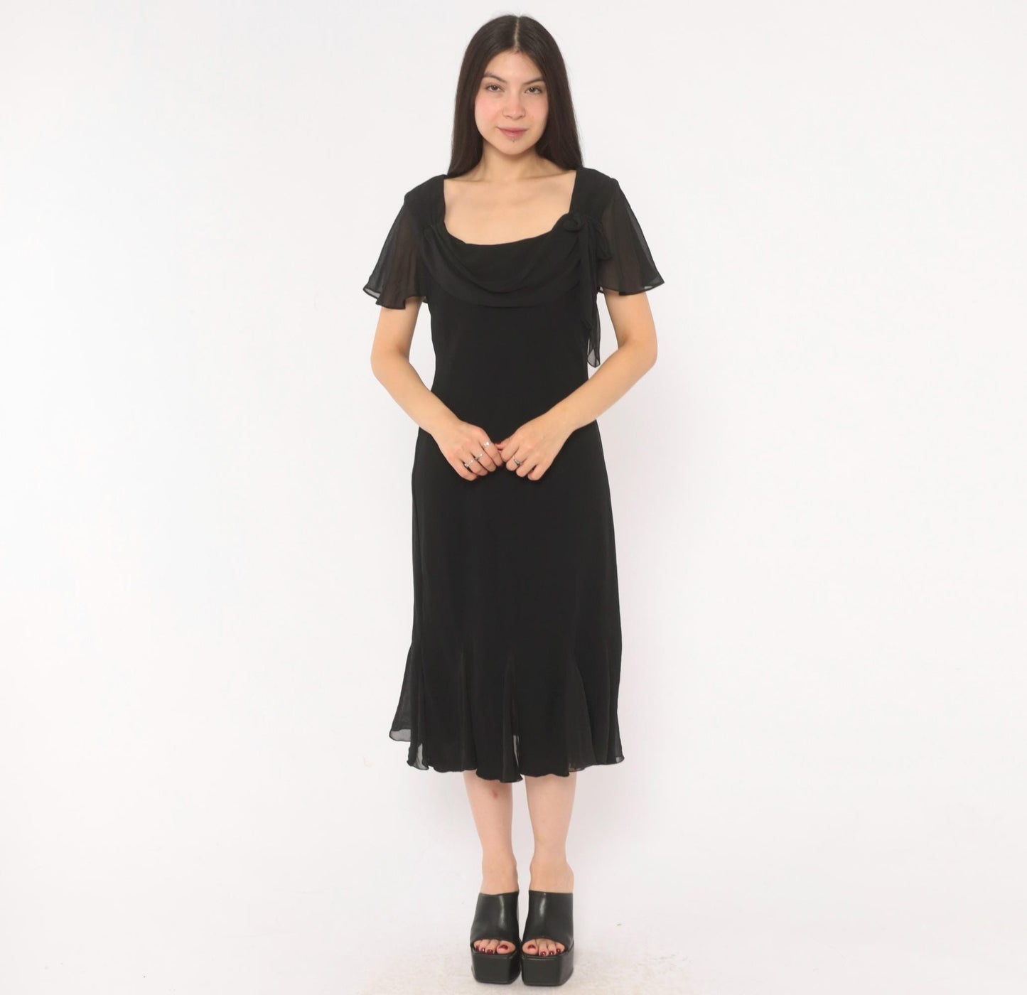 90s SL Fashions Black Chiffon Midi Dress Cowl Neck Flutter Sleeve Large