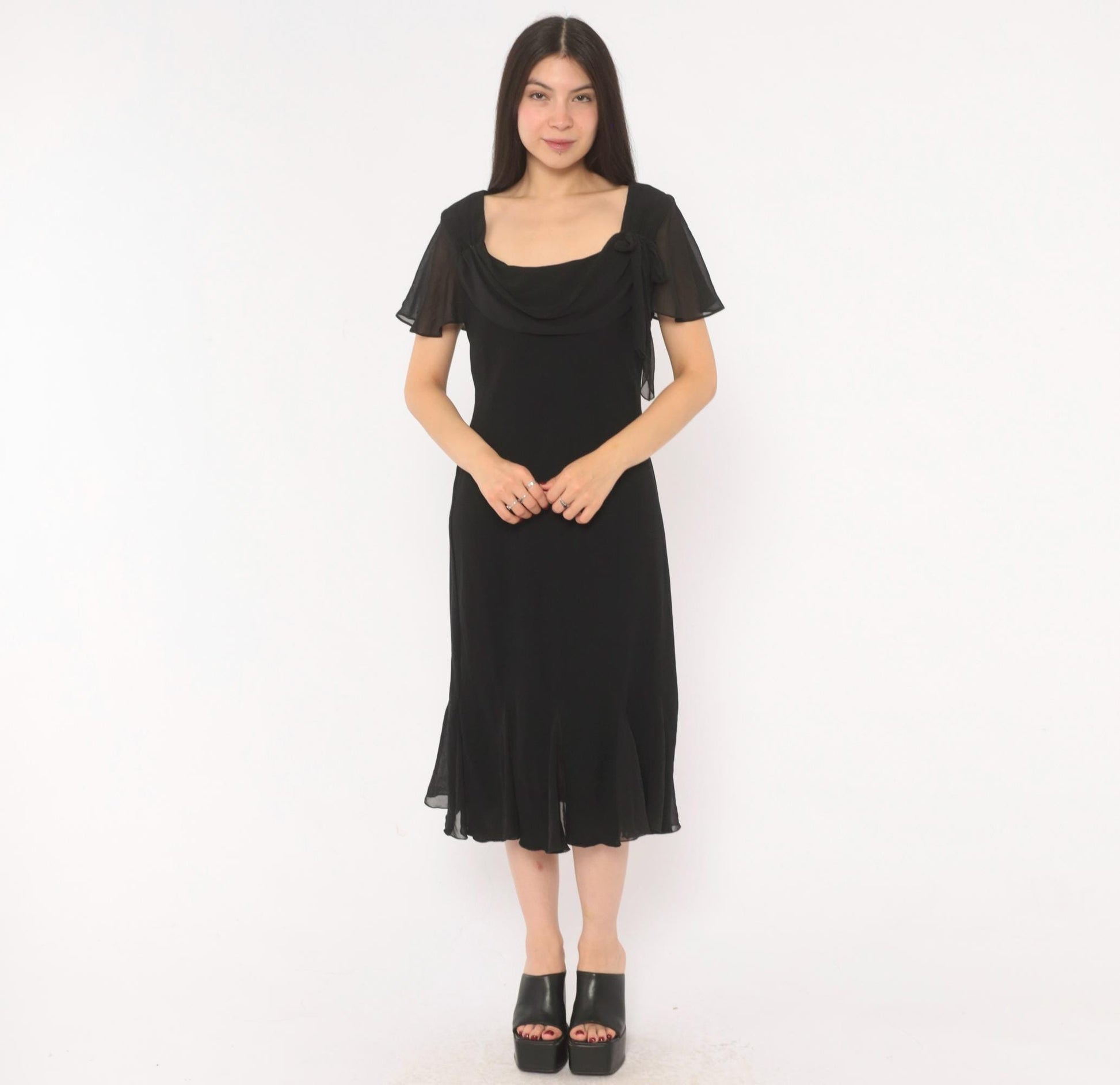 90s SL Fashions Black Chiffon Midi Dress Cowl Neck Flutter Sleeve Large