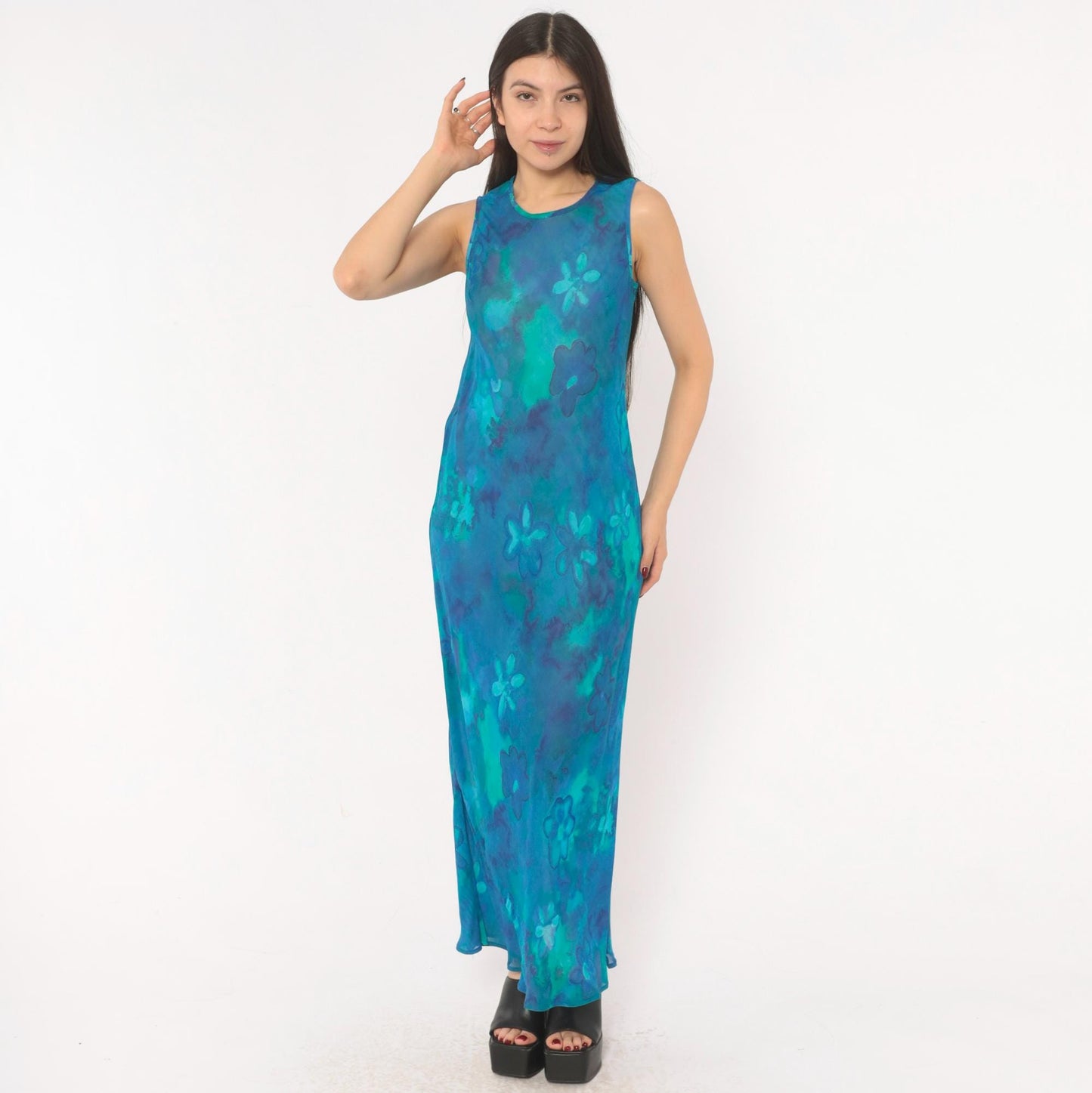 90s Mica Floral Maxi Dress Blue Teal Watercolor Chiffon Sleeveless Small S