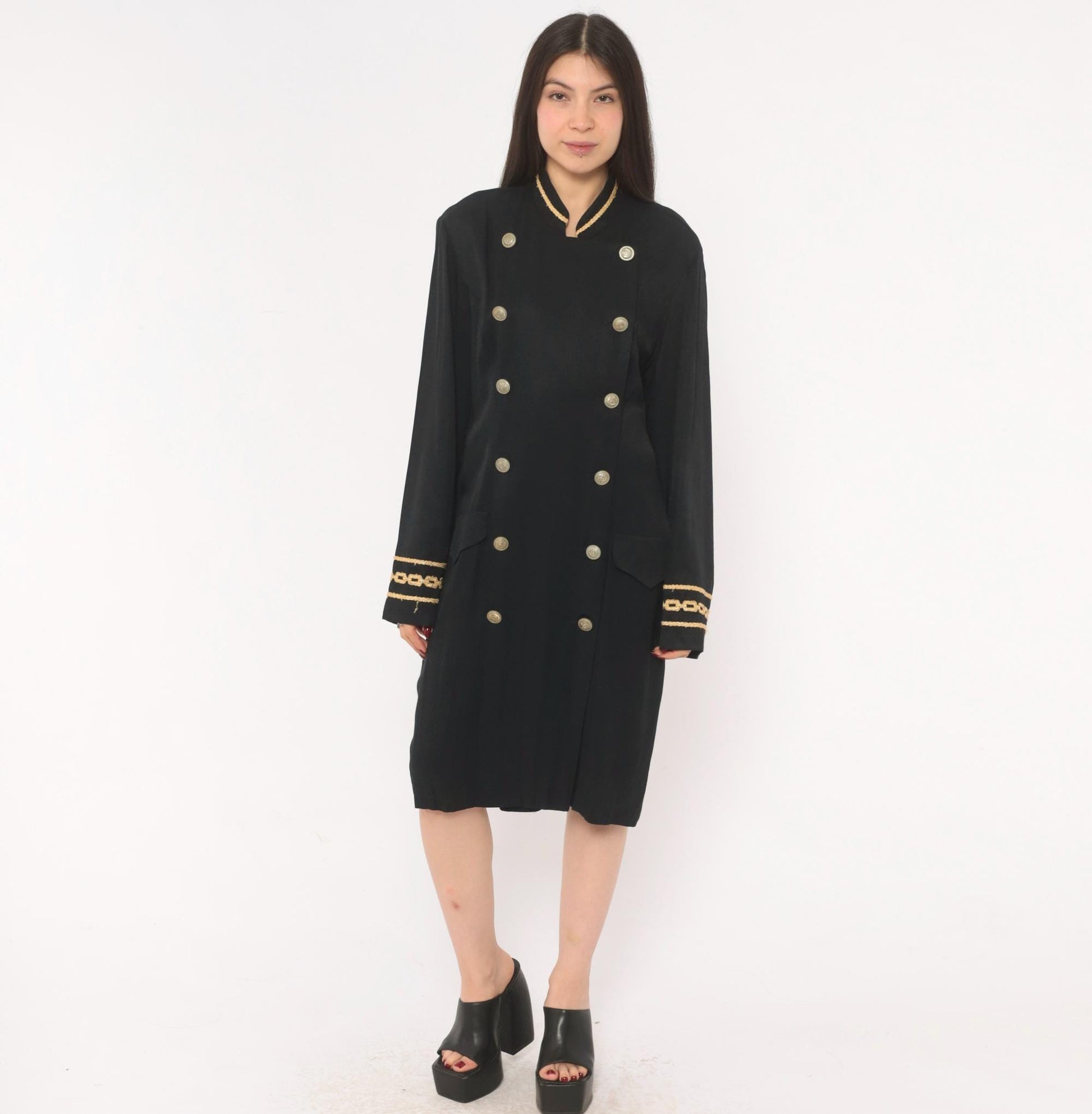 90s Marnie West Military Coat Dress Black Gold Chain Mandarin Collar Large L