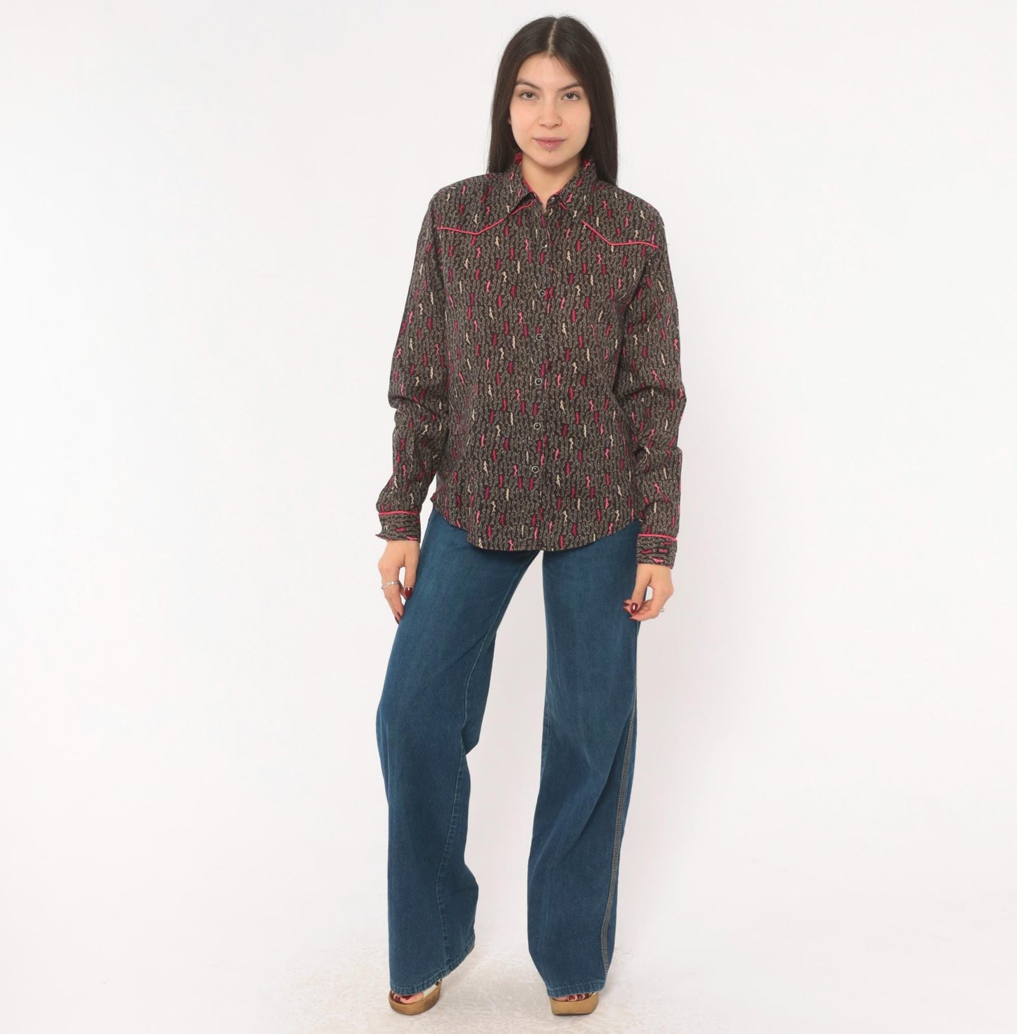 Y2K Ultra Twenty X Western Snap Shirt Cowgirl Print Grey Pink Cotton Medium M