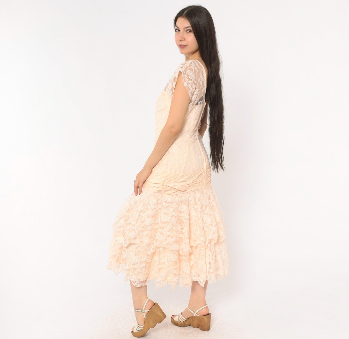 80s Peach Lace Midi Dress Drop Waist Sweetheart Neckline Cap Sleeve Small S