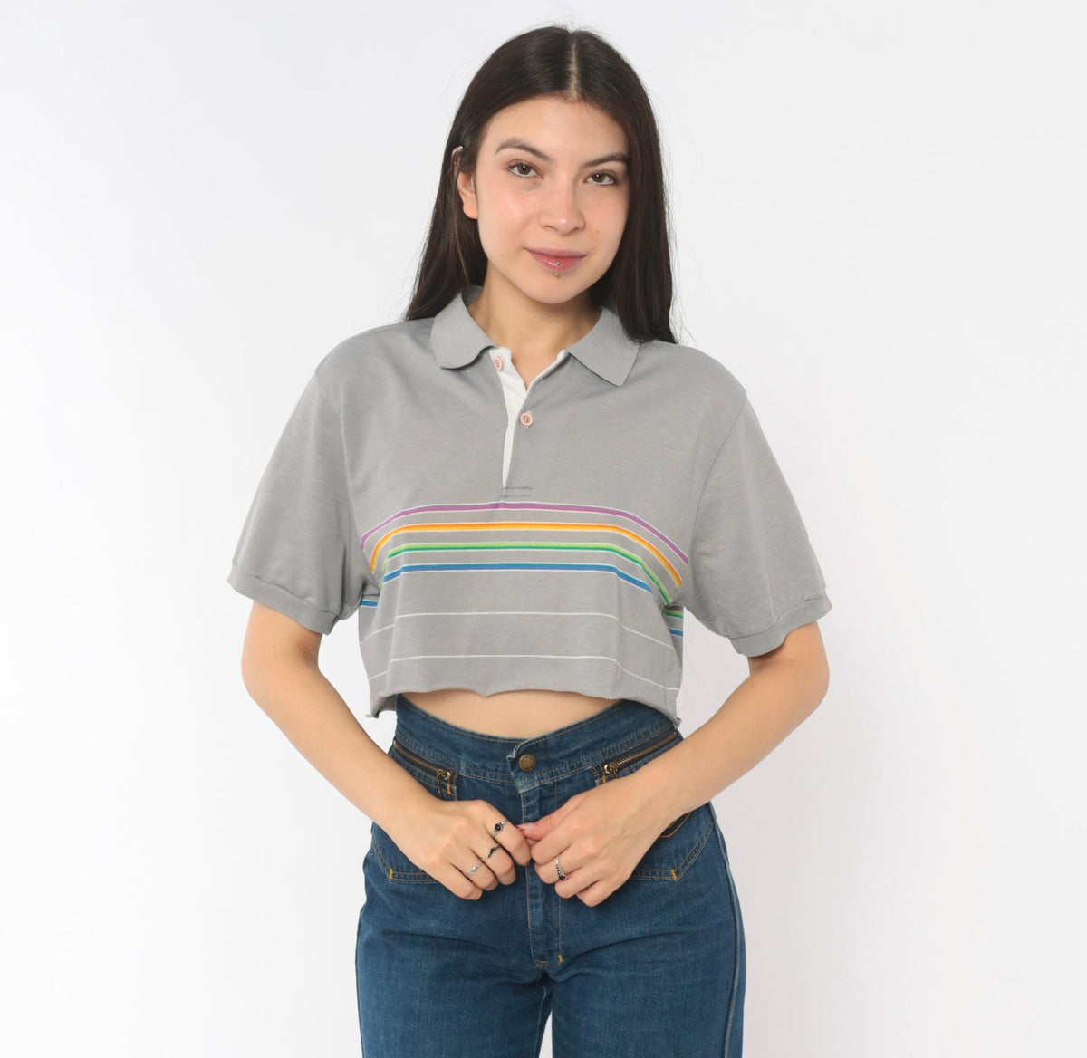 80s Rainbow Stripe Crop Polo Grey Cotton Short Sleeve Medium M