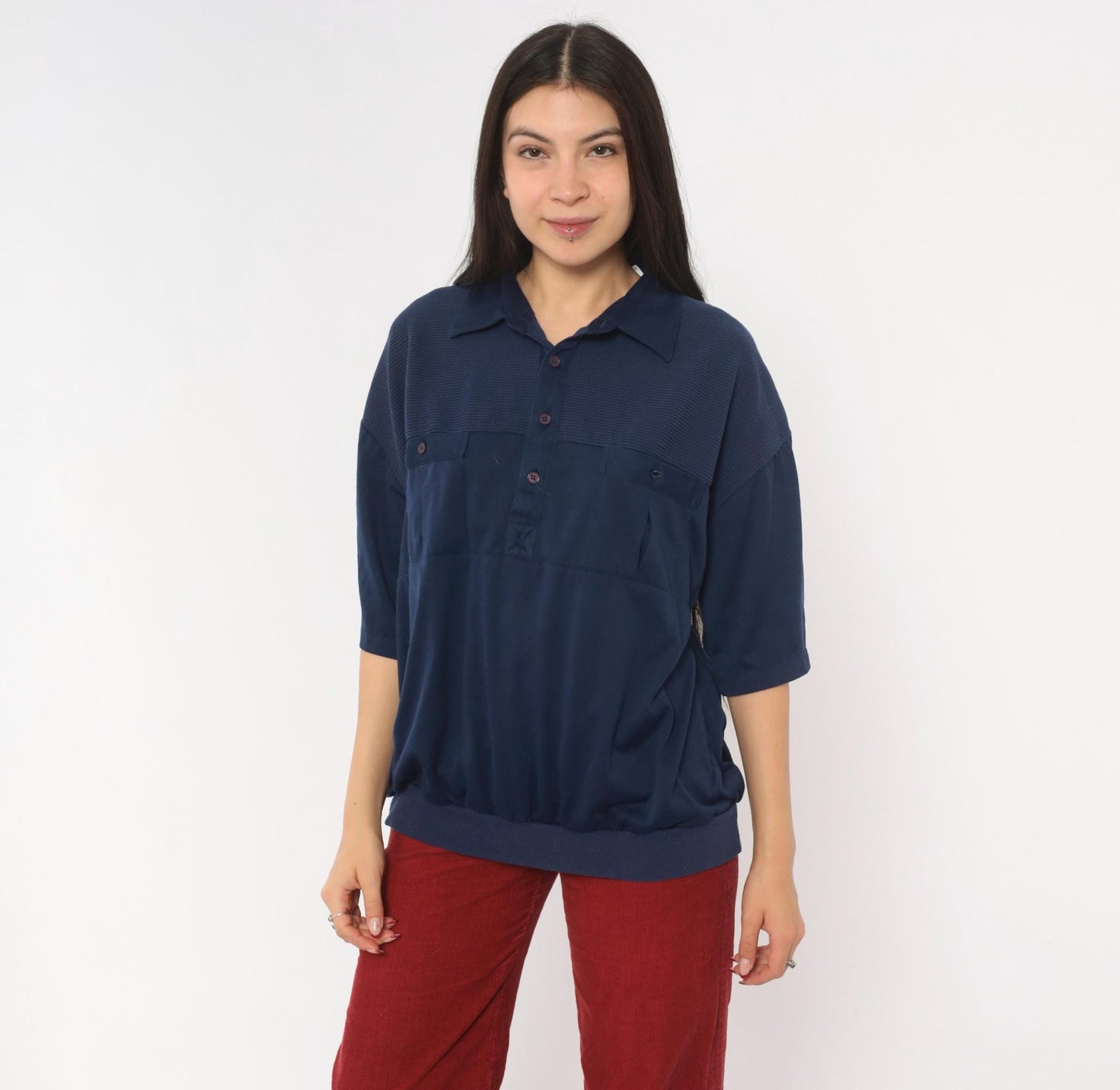 90s Navy Polo Shirt Classics Ribbed Yoke Button Front Knit Extra Large XL