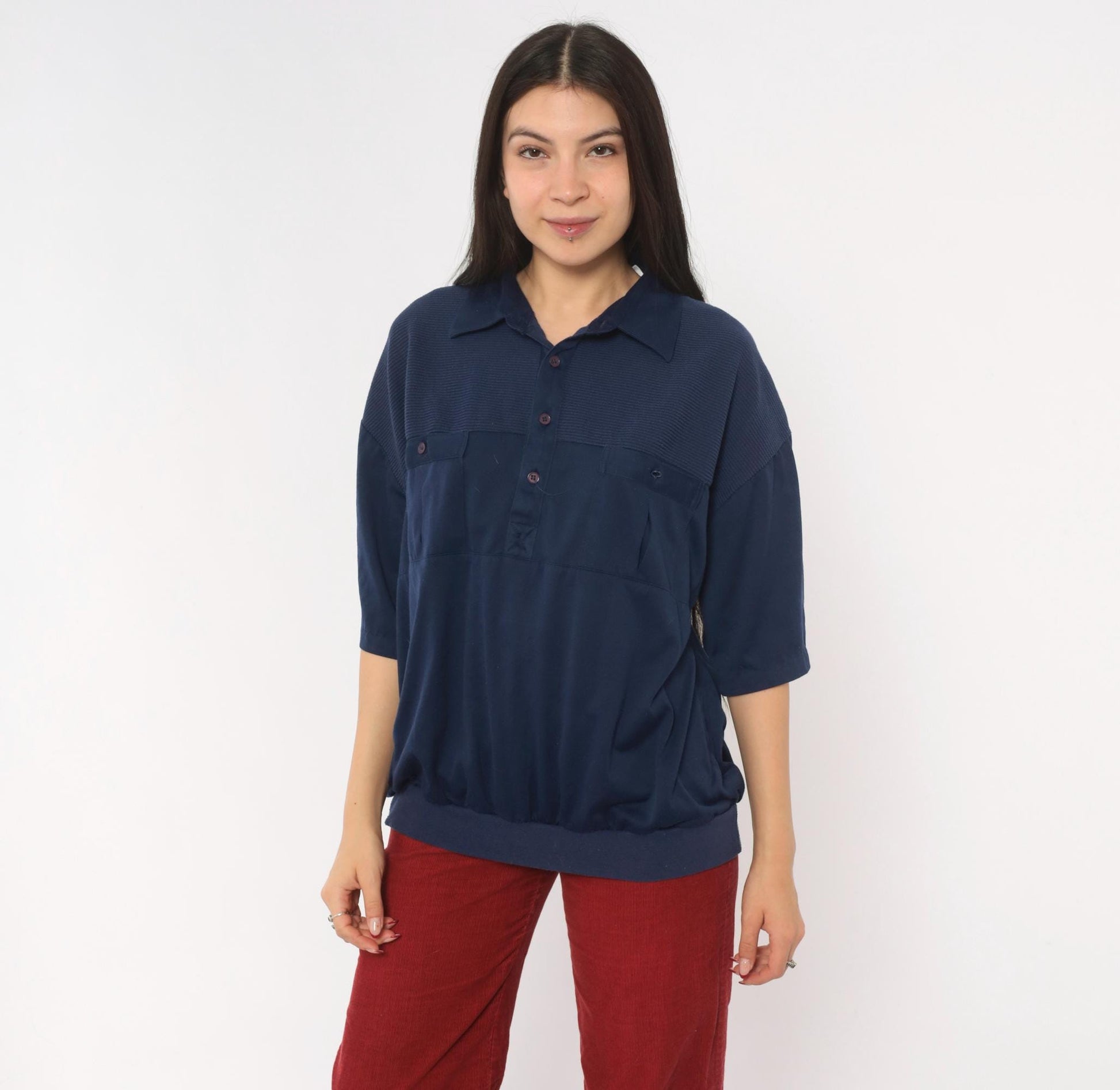 90s Navy Polo Shirt Classics Ribbed Yoke Button Front Knit Extra Large XL