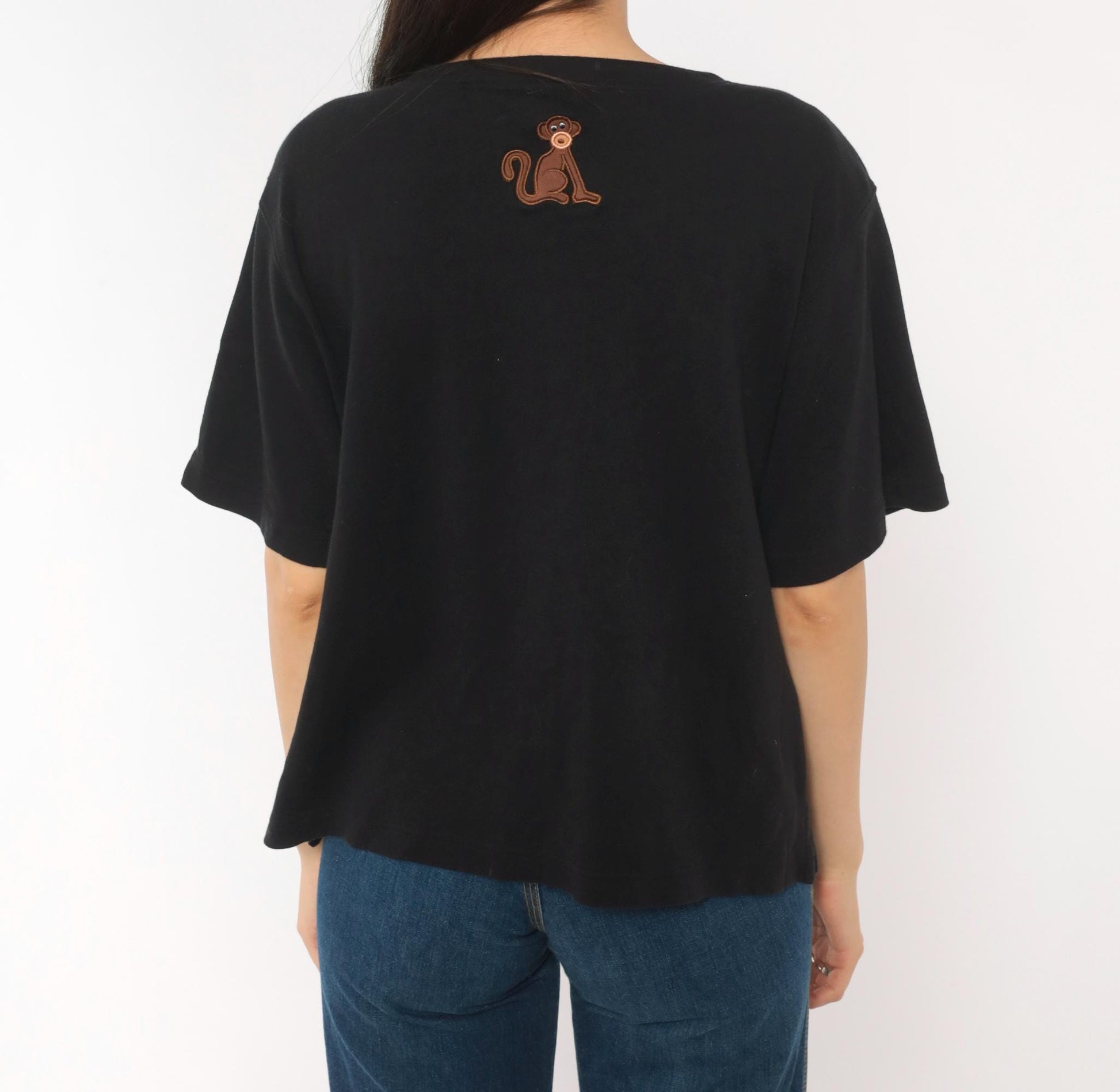 90s Bechamel Safari Animal Applique Cardigan Black Cotton Button Front Large L