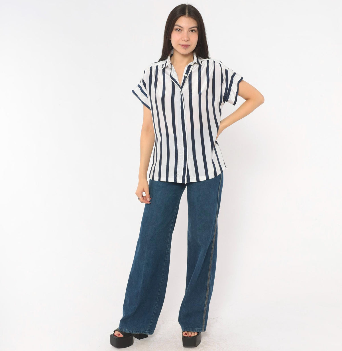80s Navy White Striped Camp Collar Blouse Button Front Medium