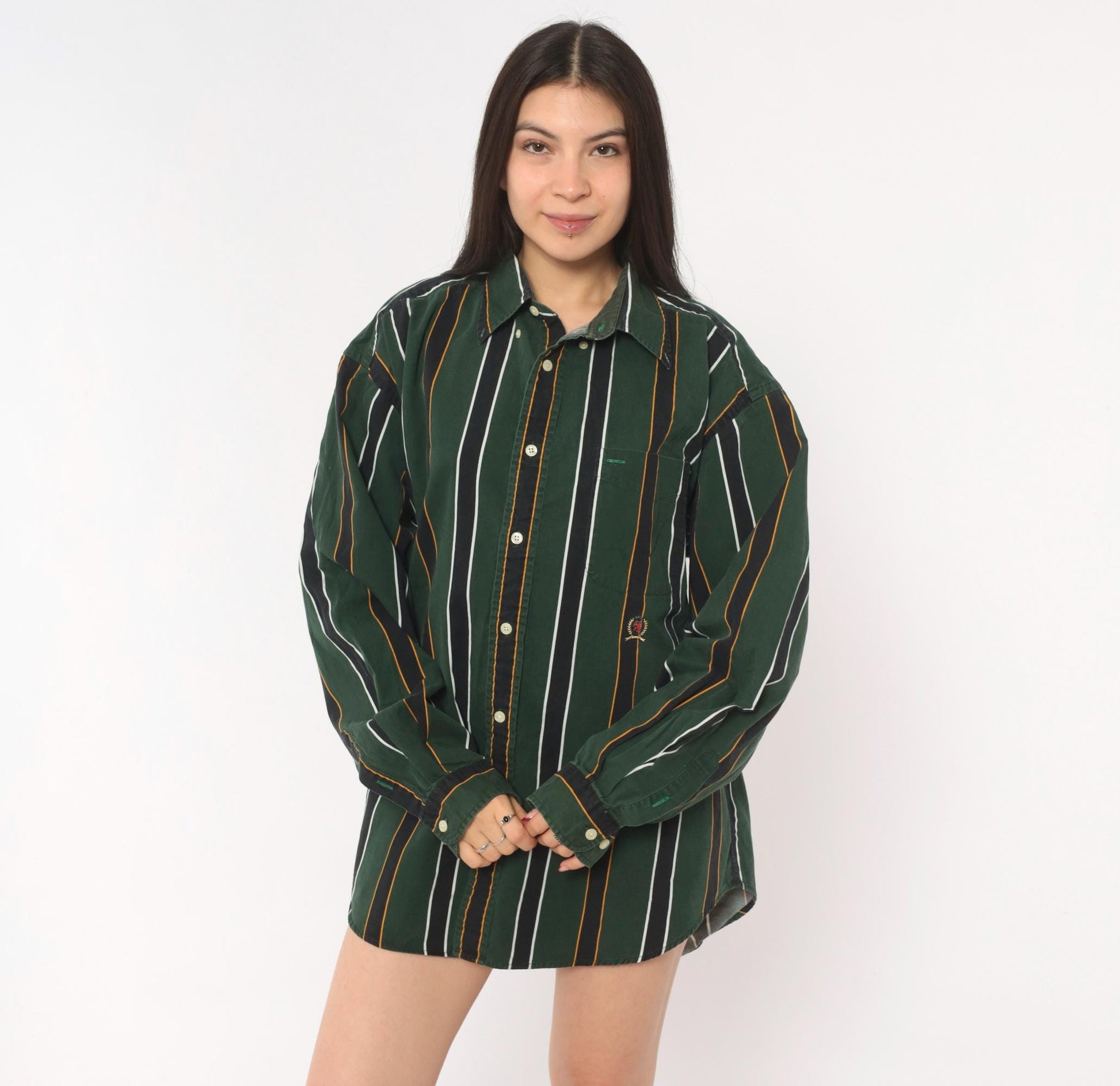 Tommy Hilfiger 90s Striped Cotton Shirt Forest Green Crest Logo Large L