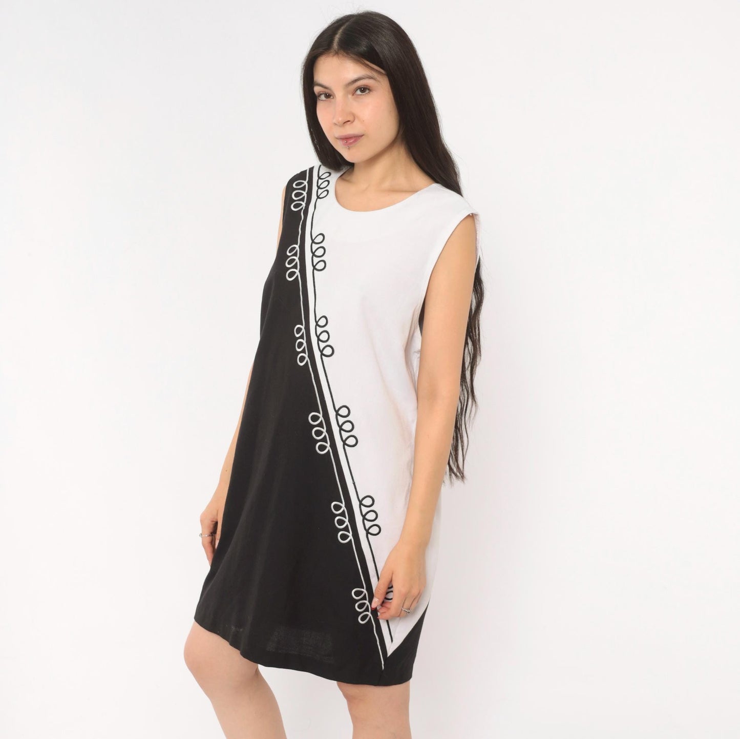 90s Sunshine Starshine Black White Colorblock Shift Dress Scoop Neck Large L