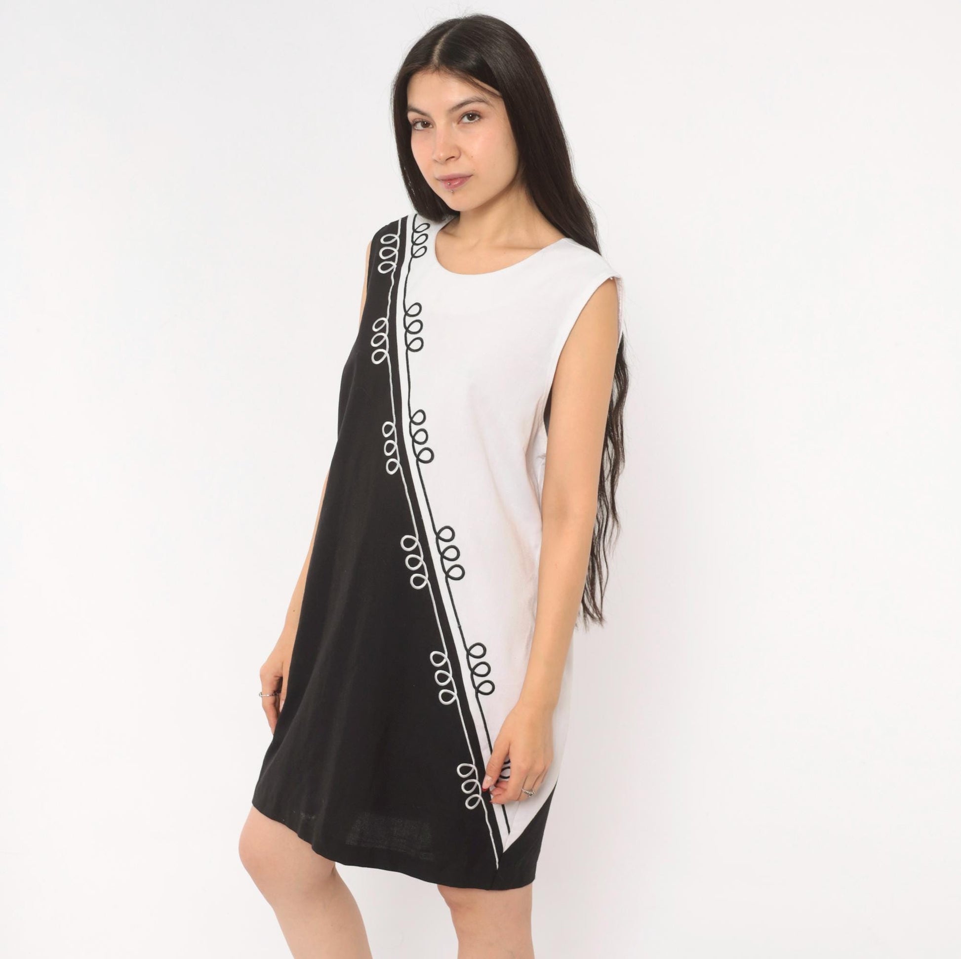 90s Sunshine Starshine Black White Colorblock Shift Dress Scoop Neck Large L