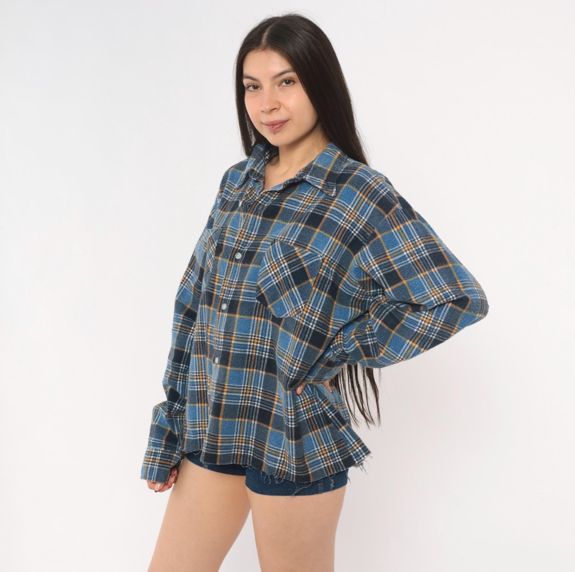 90s Montgomery Ward Flannel Shirt Blue Plaid Cotton Distressed Large L