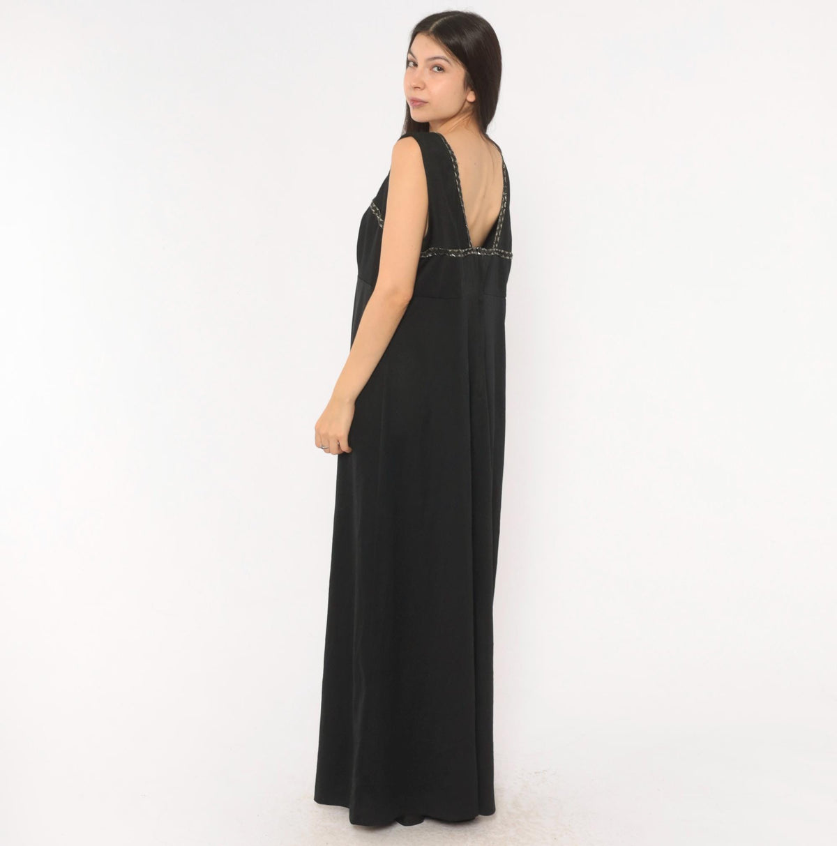 70s Black Maxi Dress Empire Waist Square Neckline Silver Braided Trim Extra Large