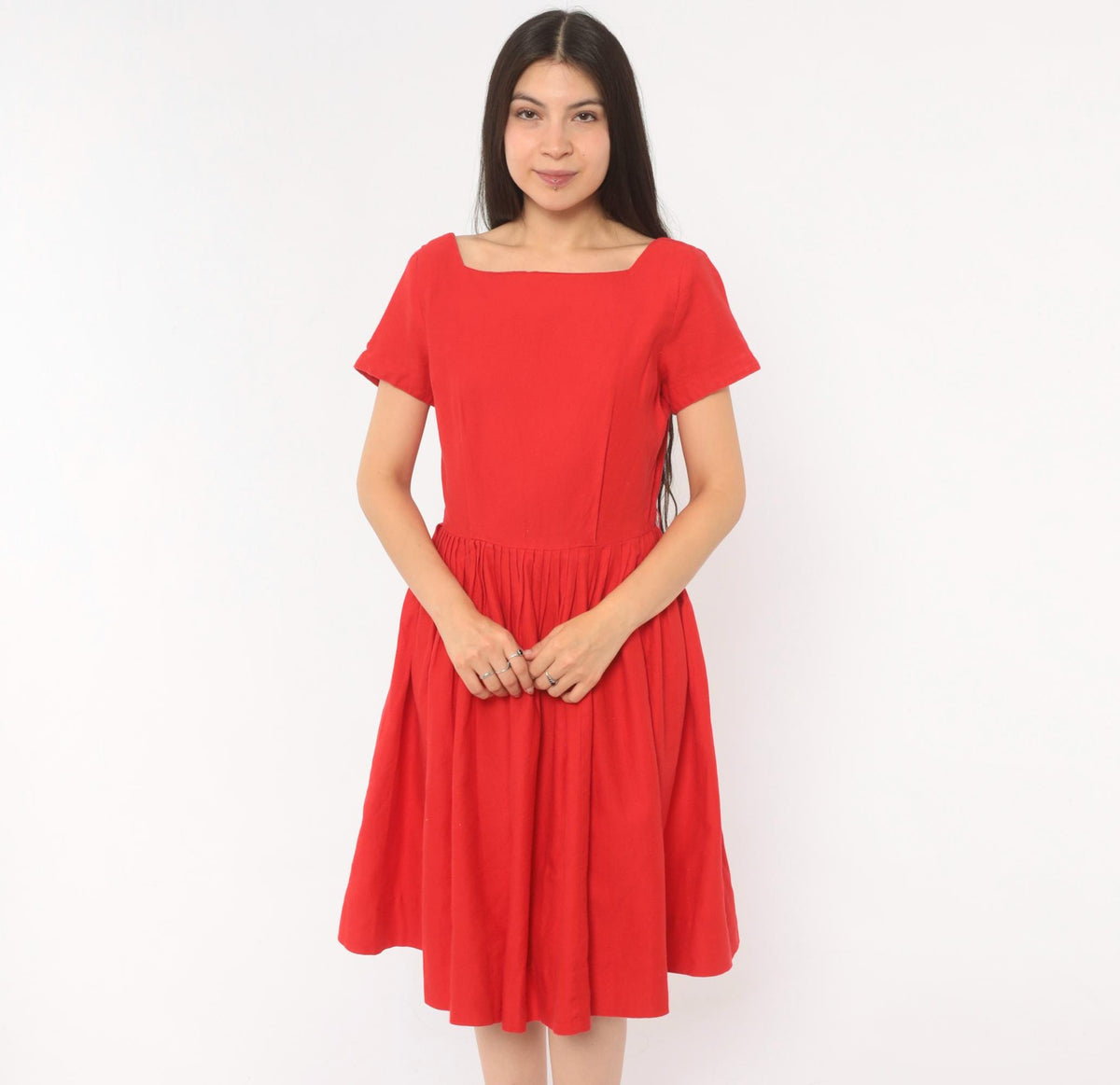 60s Frolic Time California Red Fit And Flare Dress Square Neckline Small S