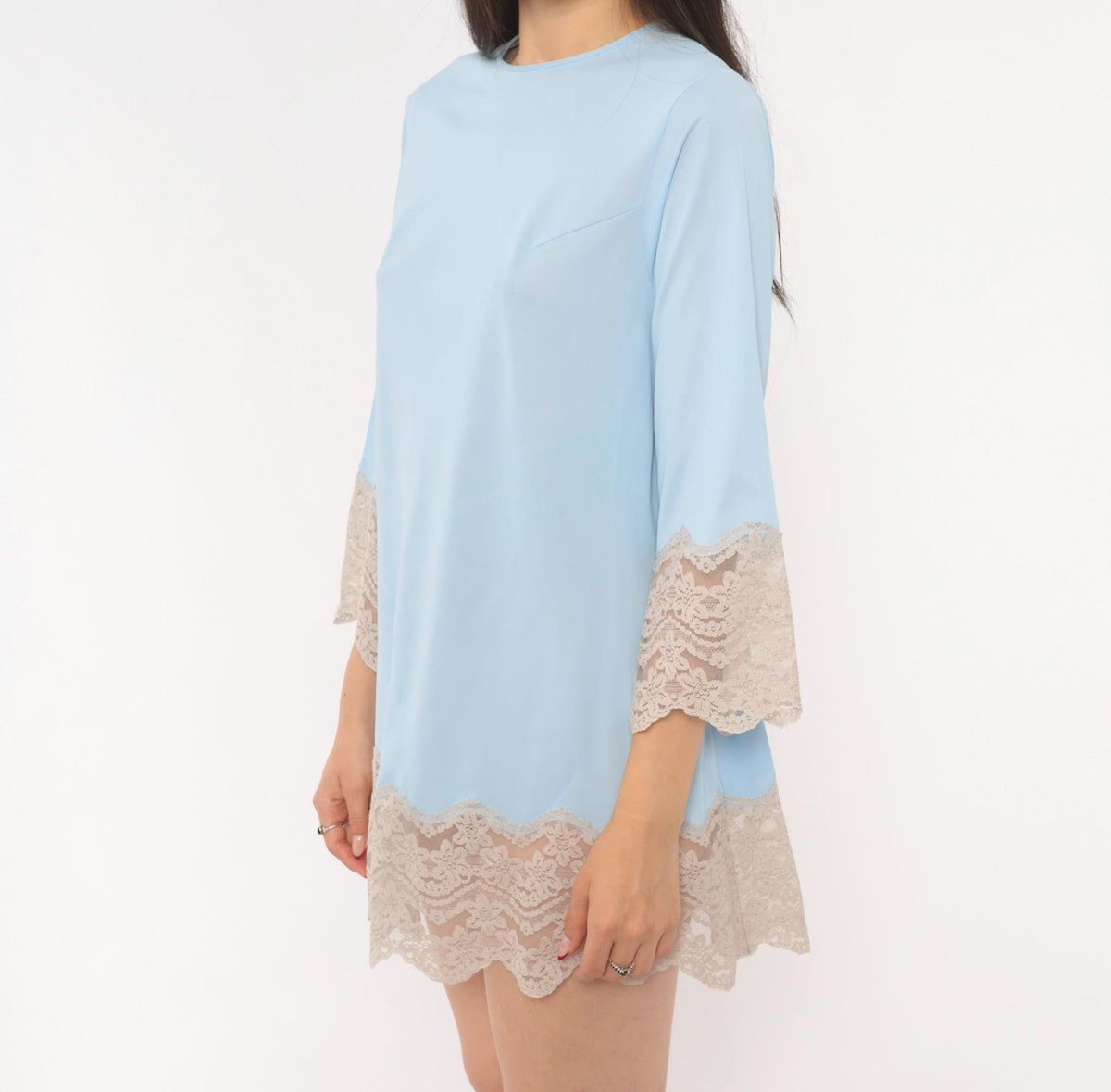 70s Sky Blue Lace Trim Mini Slip Dress Scalloped Bell Sleeve Keyhole Back XS