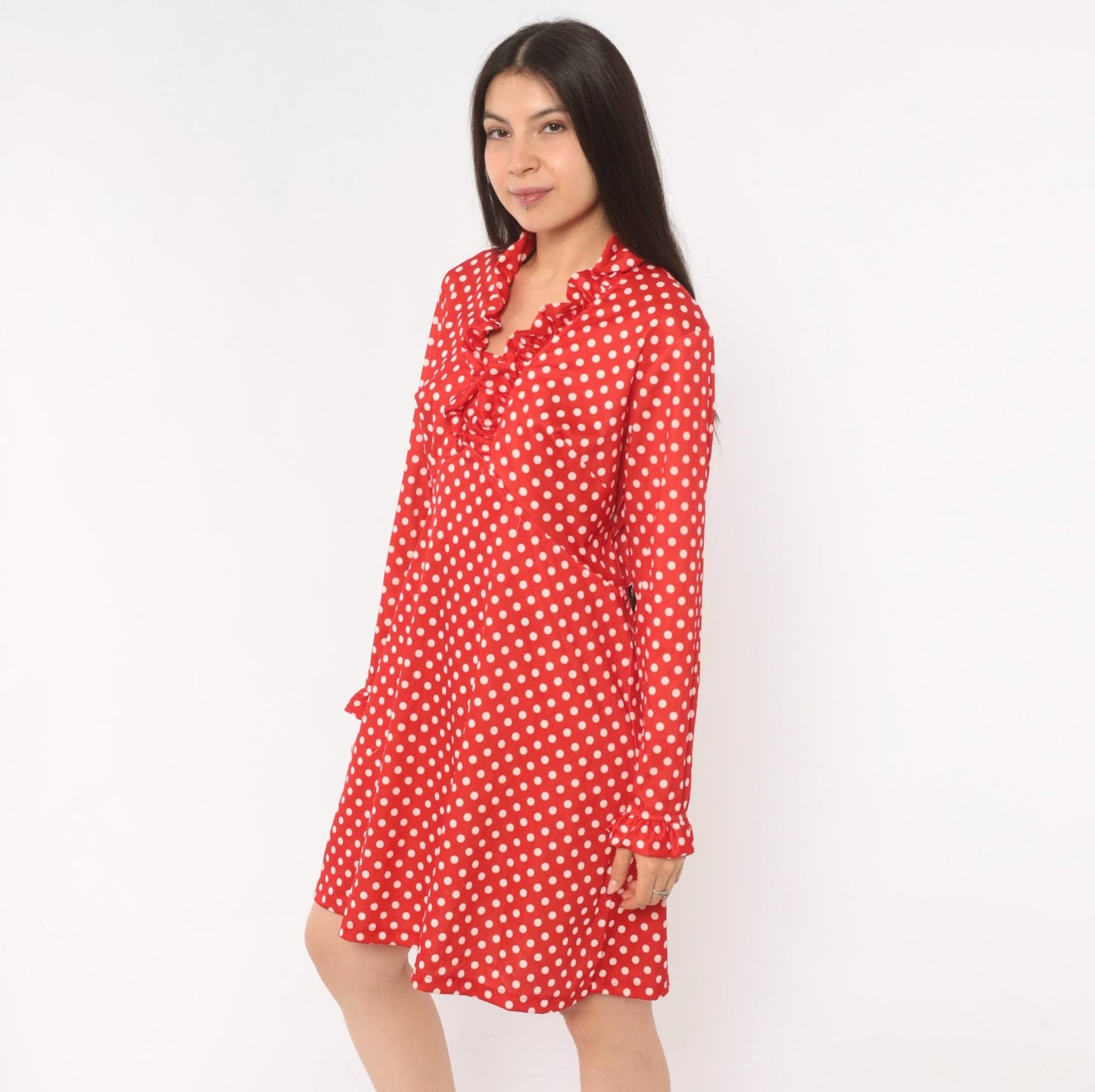 70s Red White Polka Dot Dress Long Sleeve V Neck Ruffle A Line Large