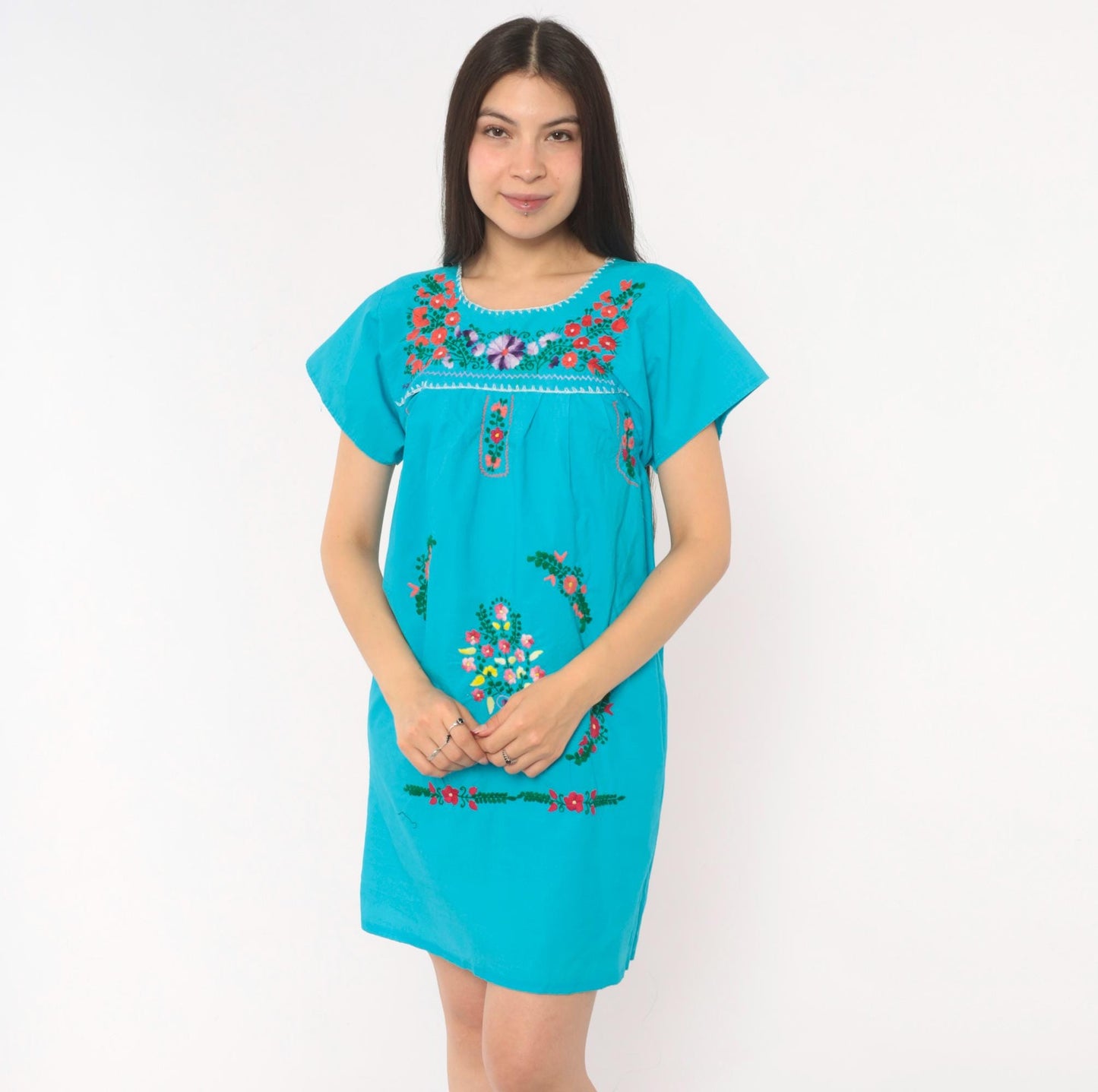 1970s Mexican Puebla Embroidered Cotton Dress Turquoise Floral Mini Extra Small