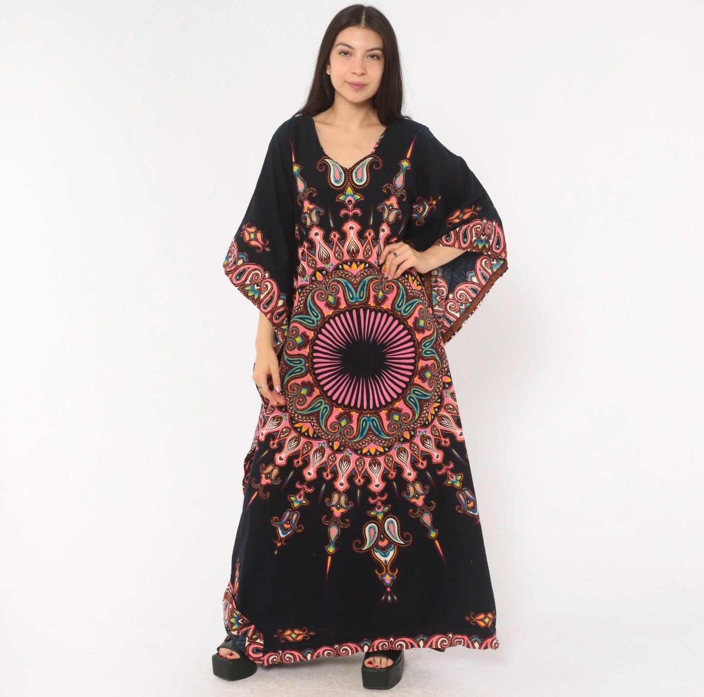 2000s Black Mandala Kaftan Paisley Print Pink V-Neck Bat Wing Maxi Dress One Size