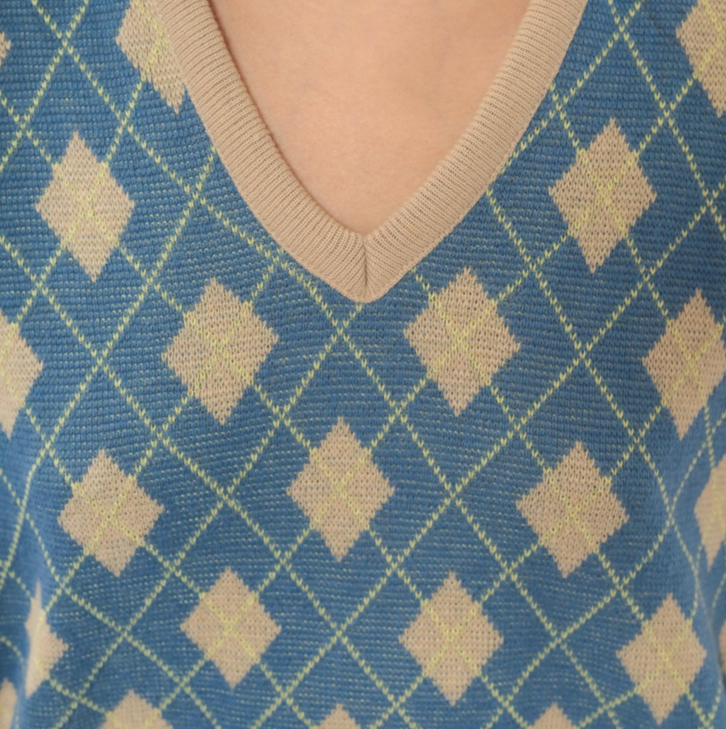 70s Pinnacle Argyle Knit Vest Blue Tan Diamond V-Neck Medium