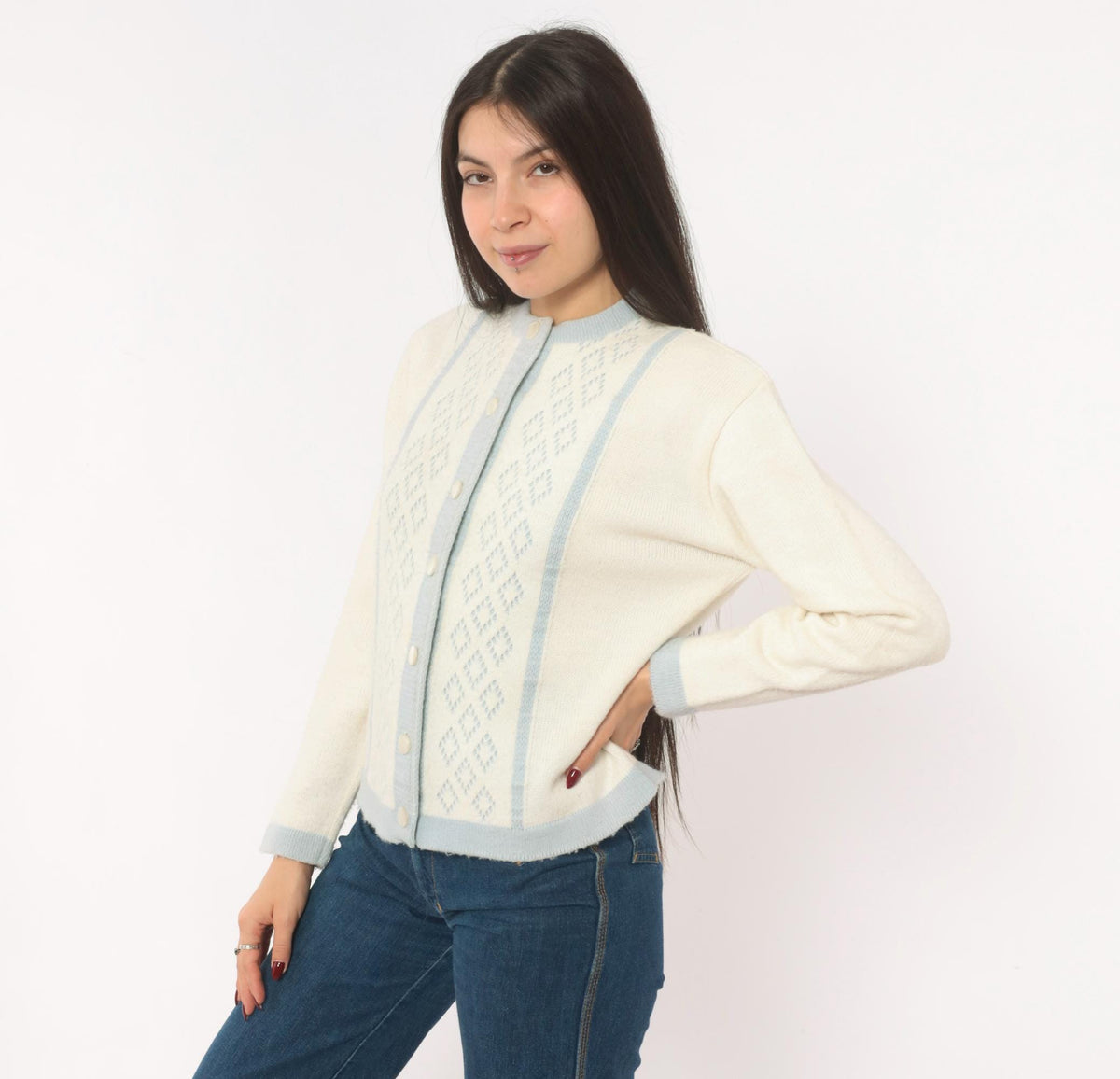 70s Mello Knit Cream Baby Blue Diamond Cardigan Button Front Medium