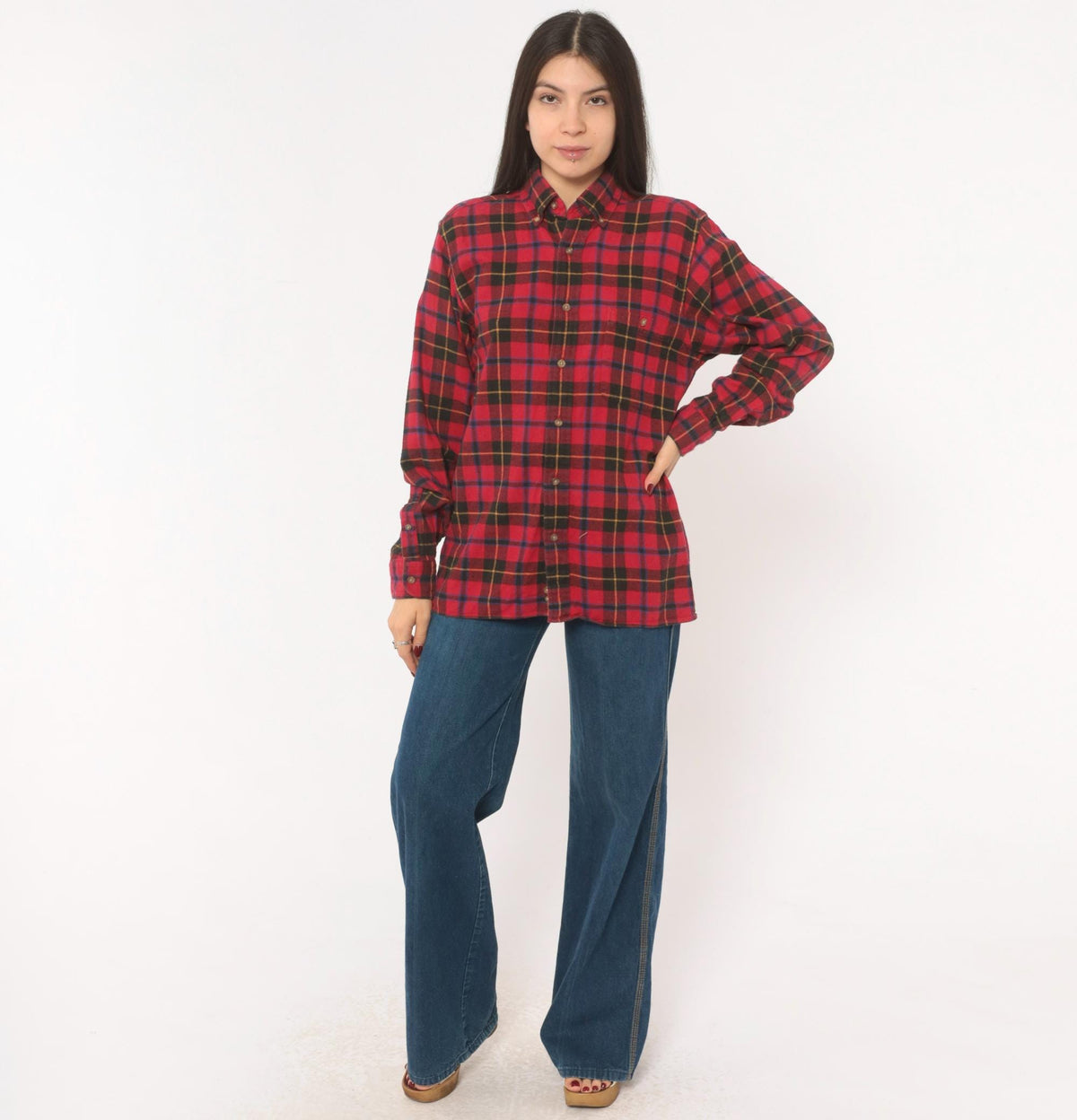 90s High Sierra Plaid Flannel Shirt Red Black Tartan Cotton Small