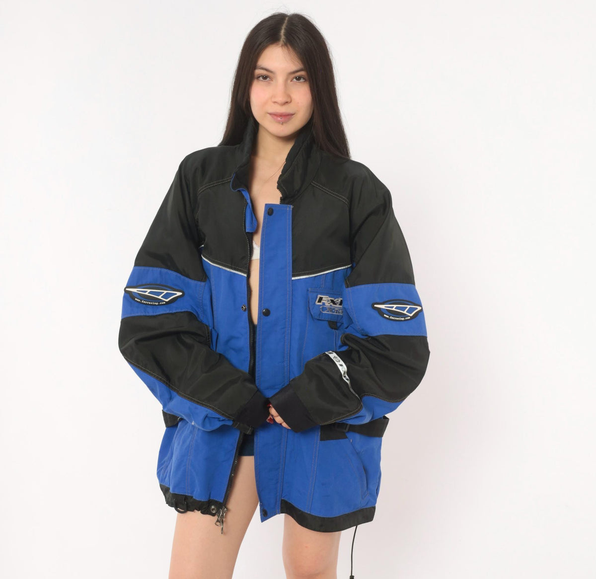 90s FXR X-Tech Snowmobile Jacket Blue Black Color Block Nylon Shell Extra Large XL
