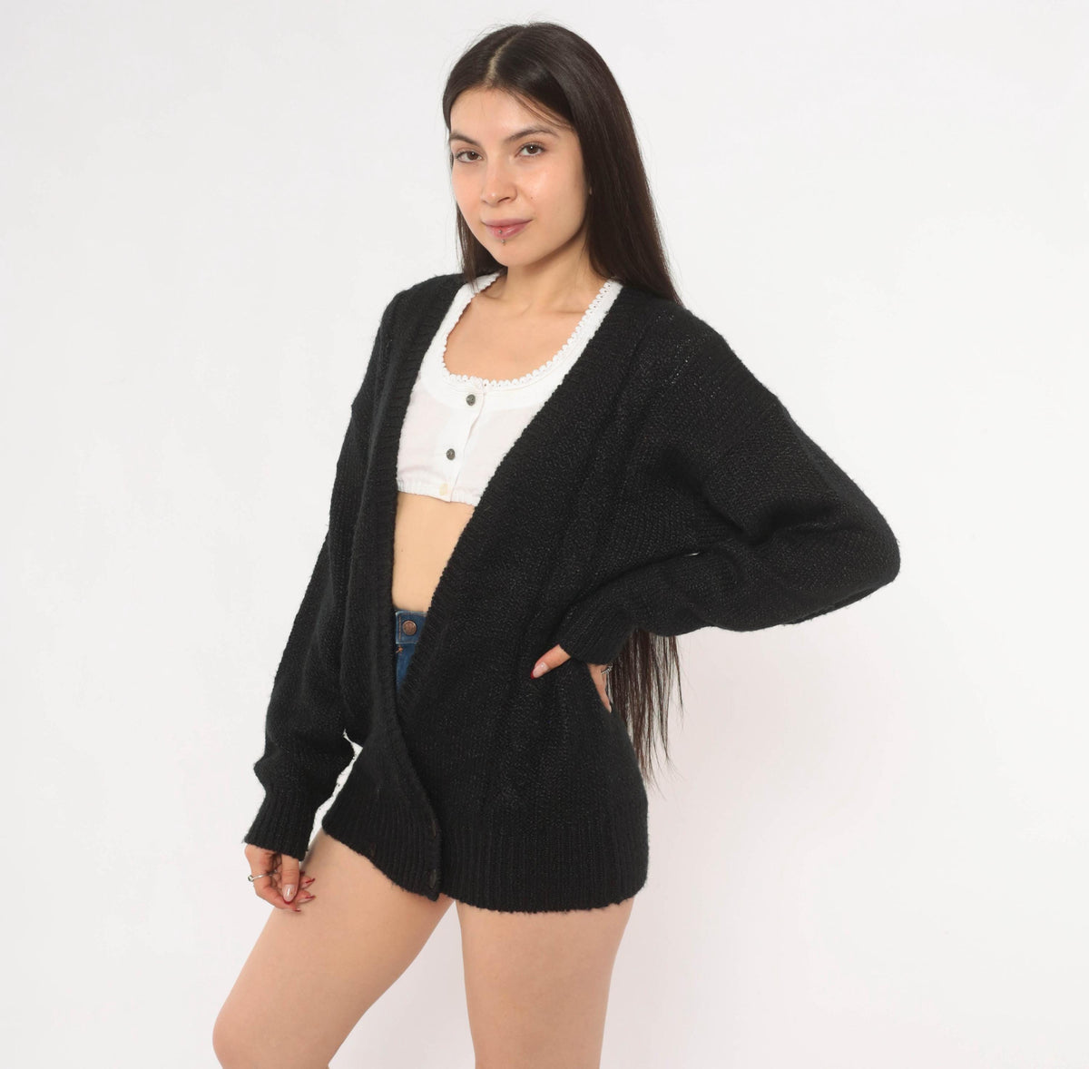 80s Black Double Breasted Cardigan Knit Sweater V Neck Medium M