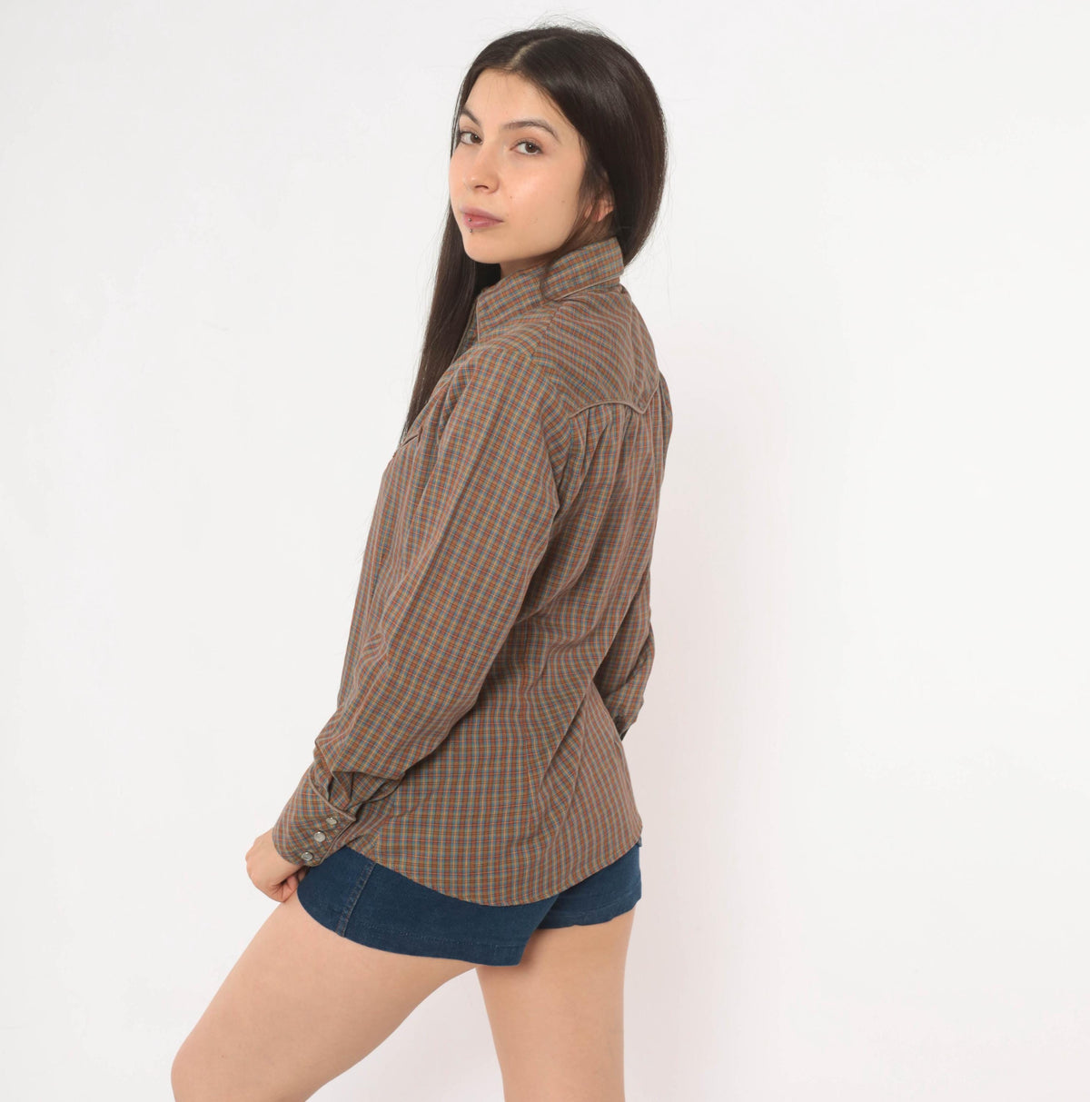 70s Western Plaid Shirt Pearl Snap Brown Blue Check Cotton Yoke Medium M