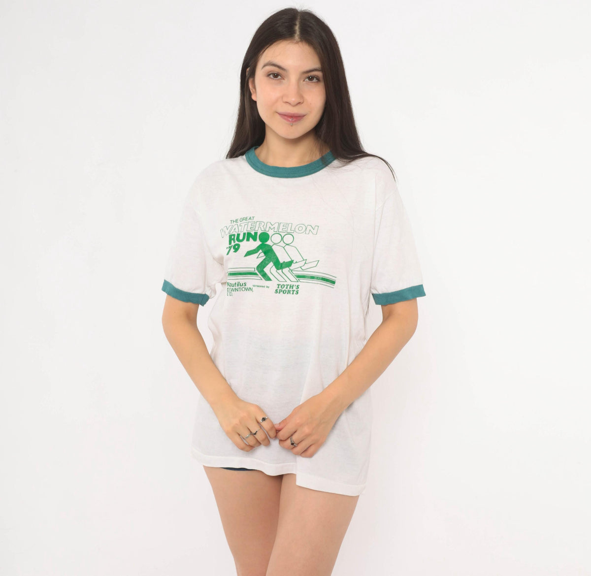 70s Watermelon Run Ringer Tee White Green Graphic Race Event Large L
