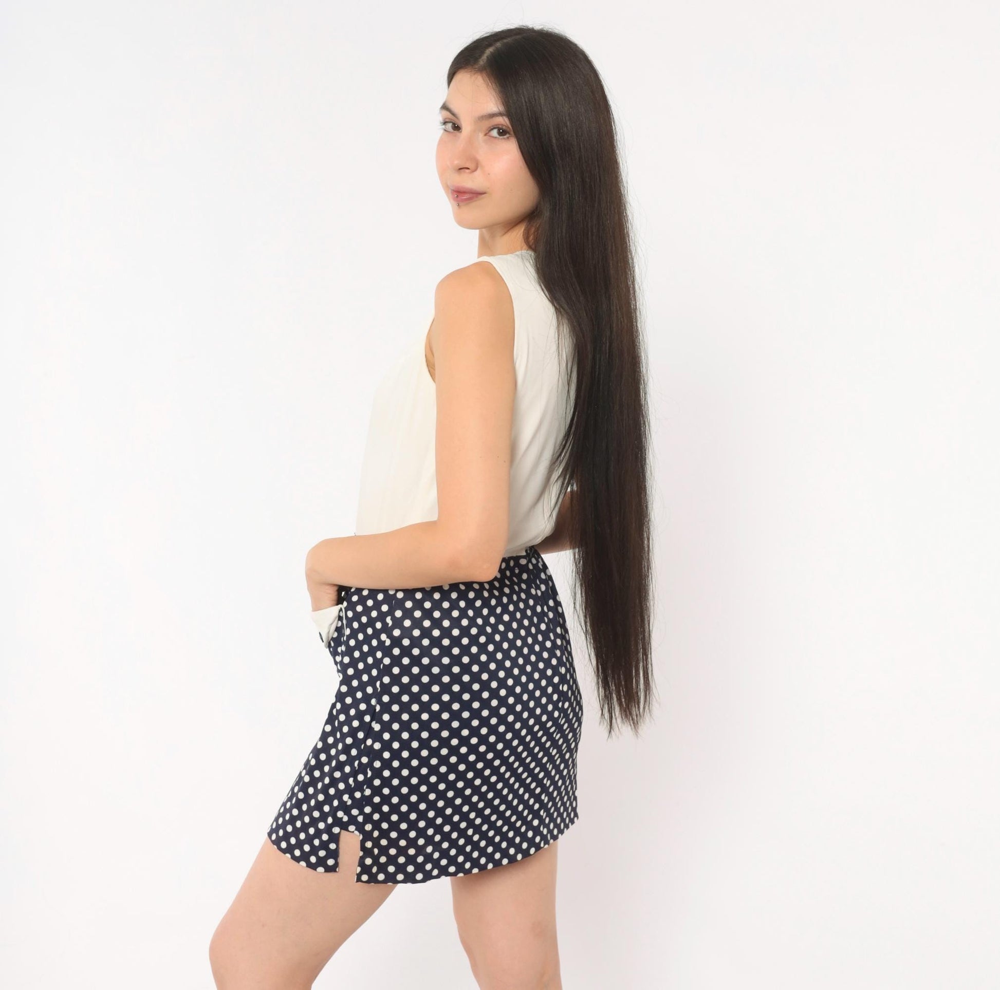 60s Jerell Two-Tone Polka Dot Mini Dress Navy Cream Mod Shift Medium M