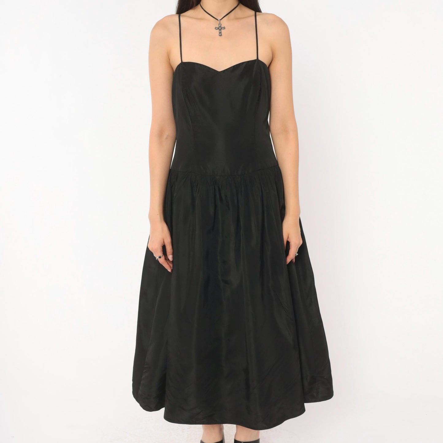 90s Black Sweetheart Midi Dress Spaghetti Strap Drop Waist Medium