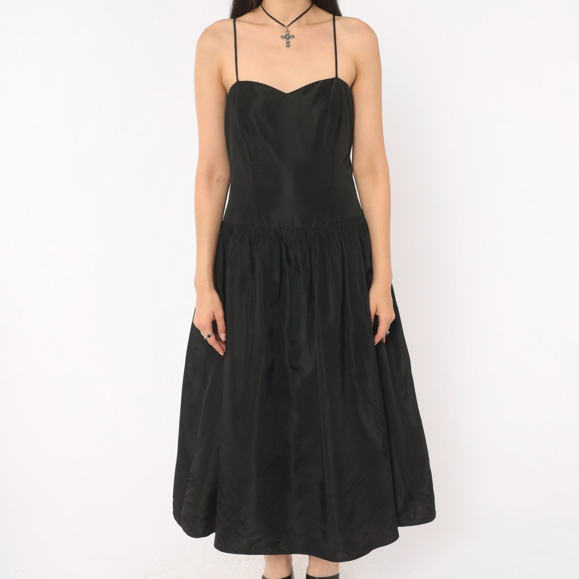 90s Black Sweetheart Midi Dress Spaghetti Strap Drop Waist Medium