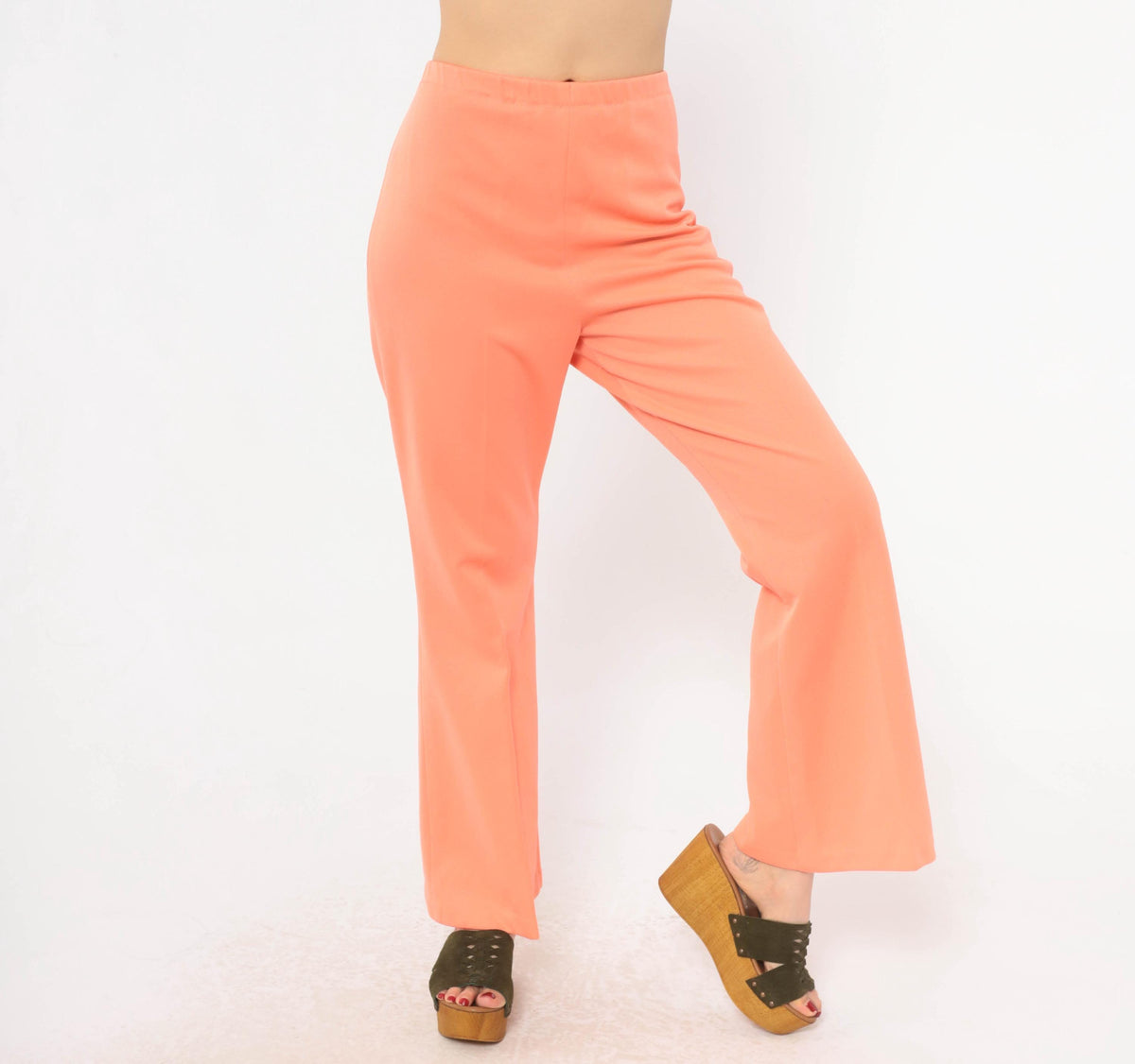 70s Peach Flare Pants High Rise Bell Bottom Trousers Knit Large L