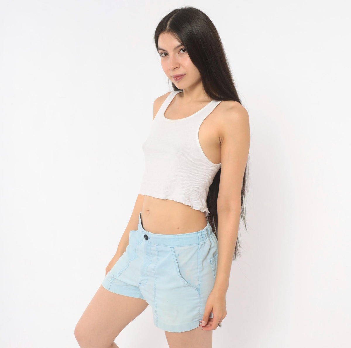 80s Light Blue Cotton Shorts Elastic Waist Button Fly Medium Large