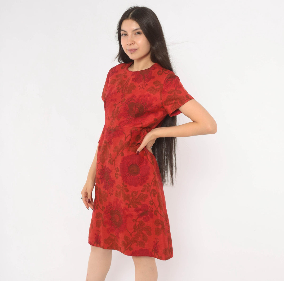 60s Lisa Carlton Red Silk Jacquard Floral A-Line Dress Knee Length Small S