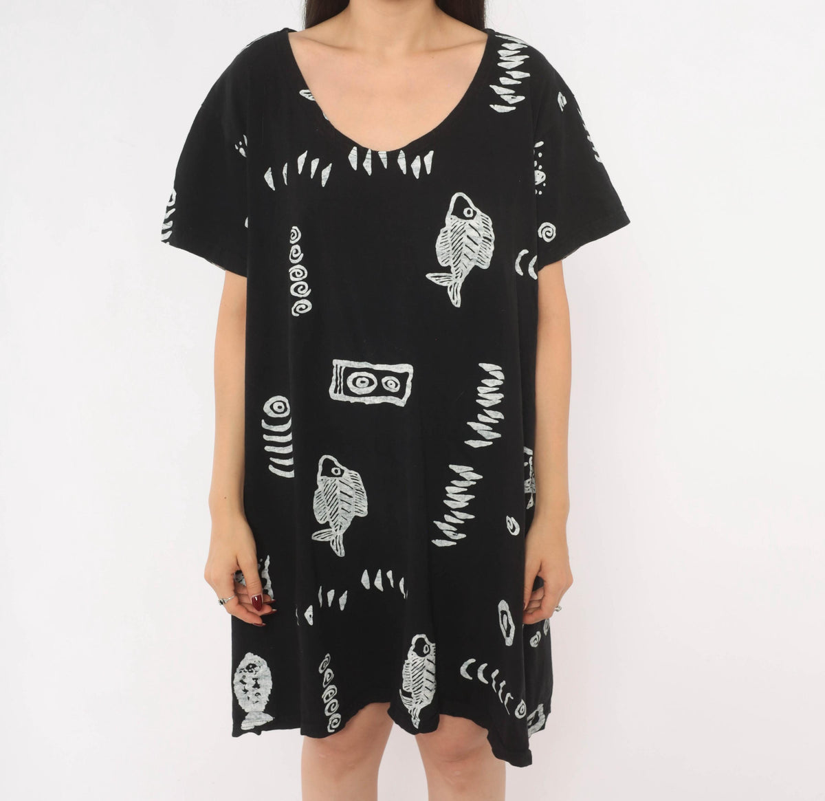 Y2K Fish Print Shift Dress Black White Cotton Marine Graphic Medium Large