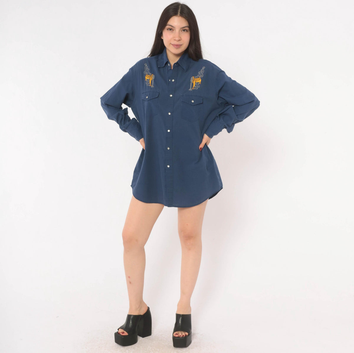 90s Blair Western Shirt Navy Pearl Snap Embroidered Saddle Mens Medium