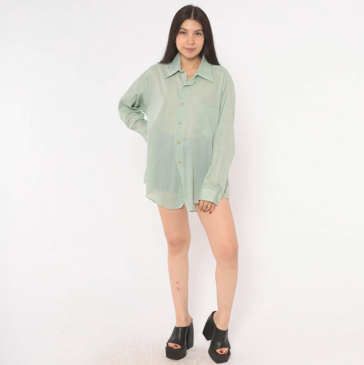 70s Sage Green Button-Up Shirt Camp Collar Semi-Sheer Cotton Long Sleeve XXL