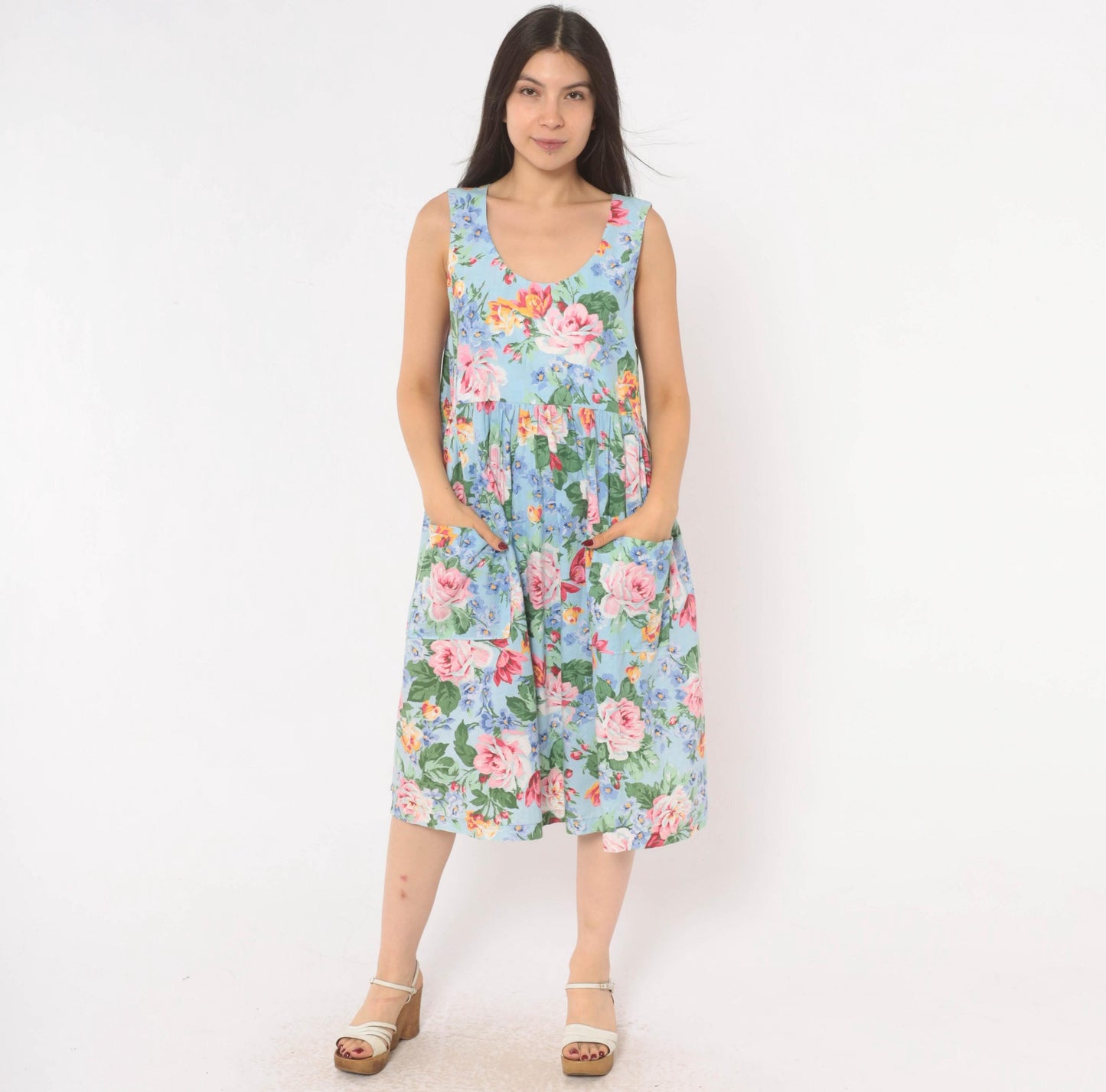 80s Sky Blue Floral Sundress Rose Print Scoop Neck Gathered Waist Medium