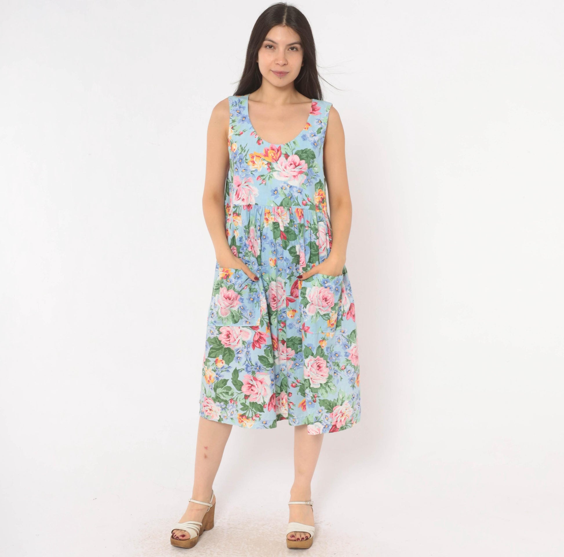 80s Sky Blue Floral Sundress Rose Print Scoop Neck Gathered Waist Medium