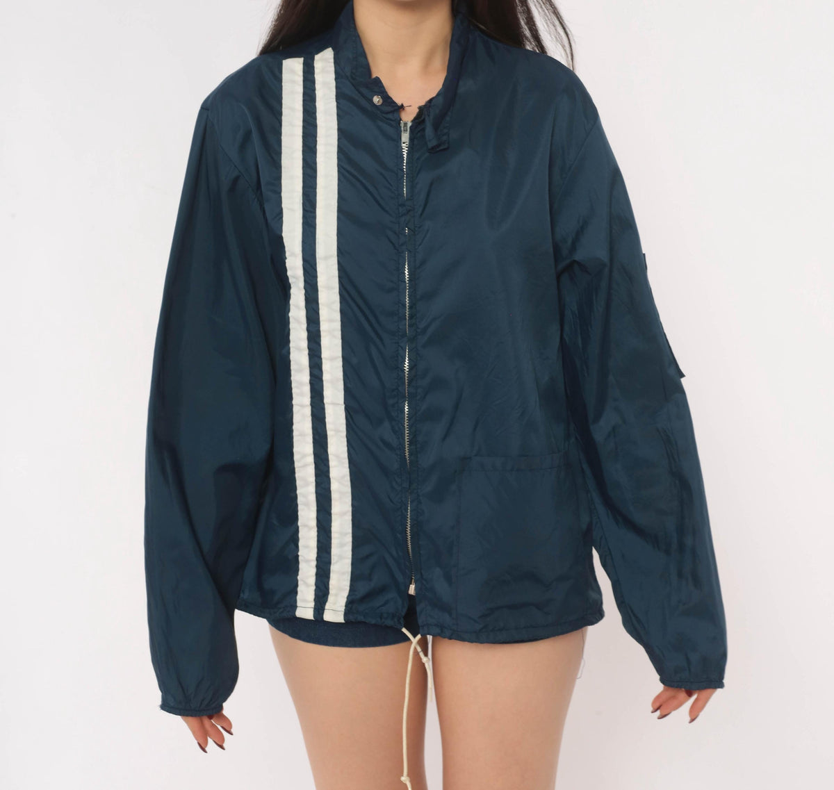 70s Sterling Pro Navy Windbreaker Racing Stripe Zip Jacket Small