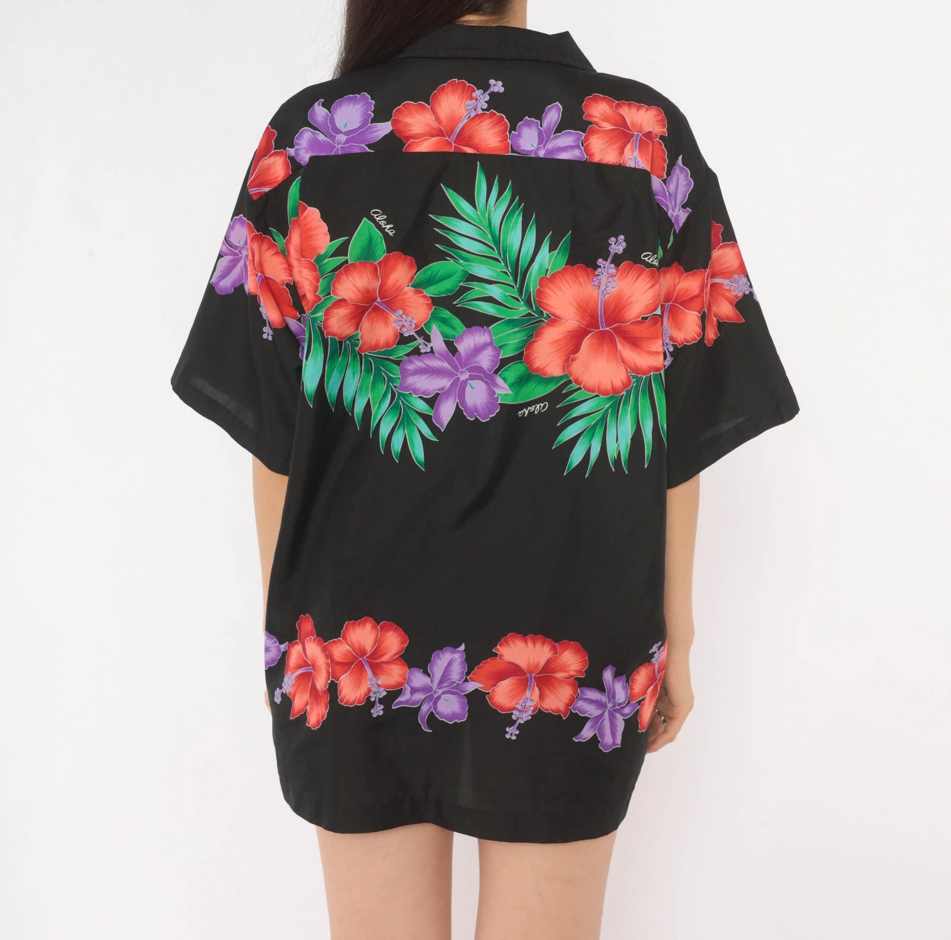 80s Made In Hawaii Hawaiian Shirt Black Hibiscus Floral Camp Collar Large