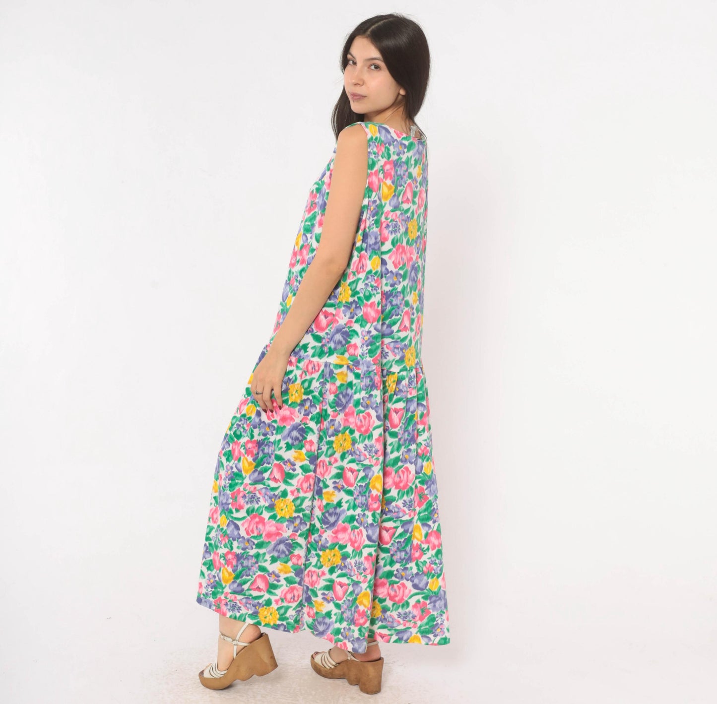 90s Fads Floral Maxi Dress Button Front V-Neck Sleeveless Pink Purple Extra Large XL