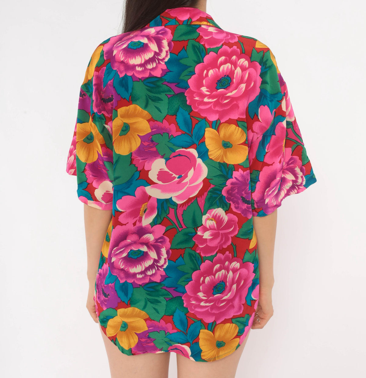 90s Heléne Sidel Silk Camp Collar Shirt Floral Fuchsia Small