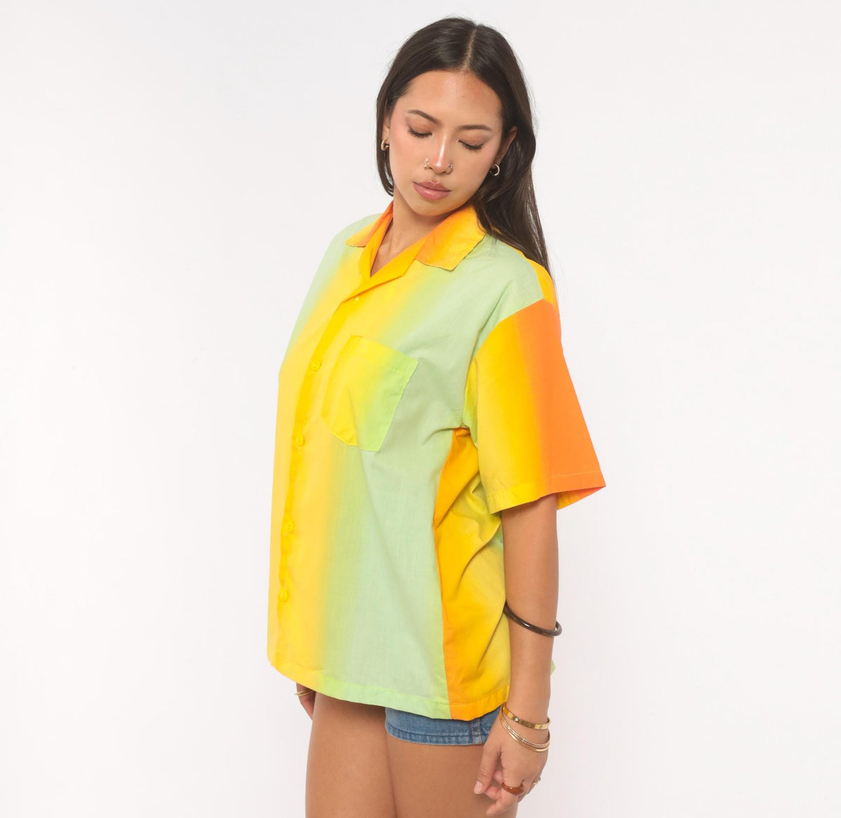 70s Gradient Camp Collar Shirt Orange Yellow Green Colorblock Medium