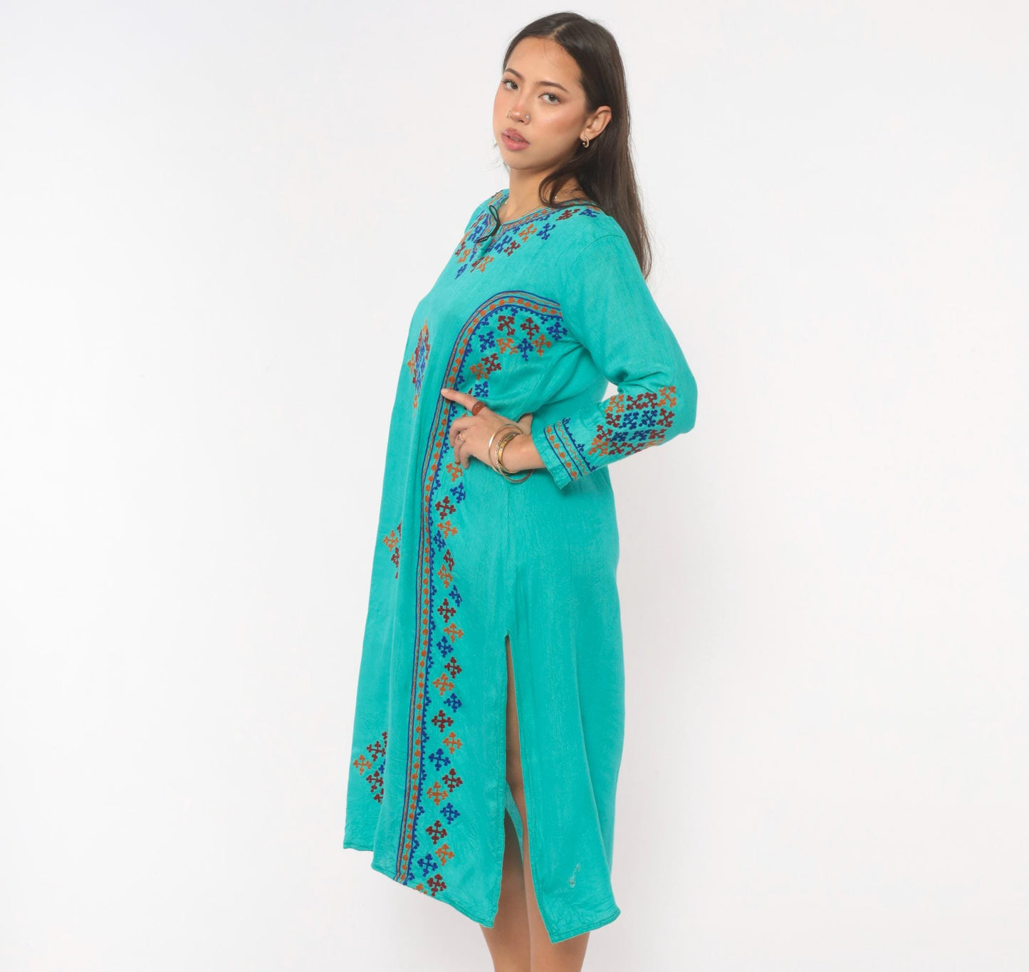 Y2K Teal Cotton Kaftan Embroidered Cross Stitch Diamond Tunic Dress Medium M