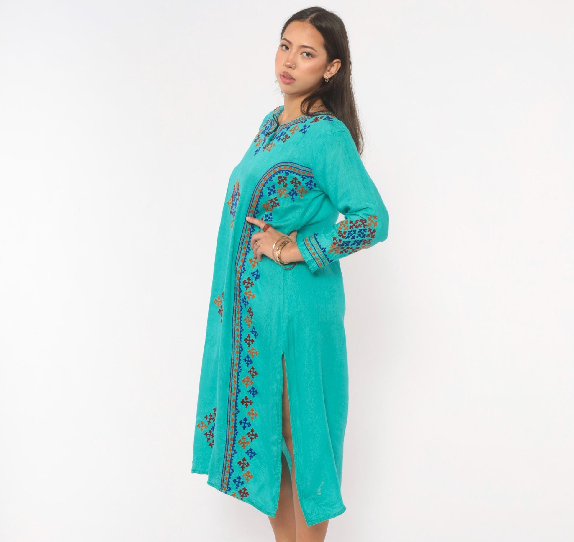 Y2K Teal Cotton Kaftan Embroidered Cross Stitch Diamond Tunic Dress Medium M