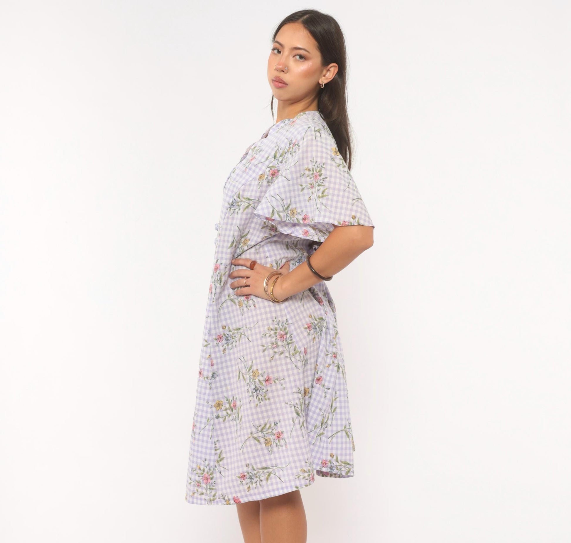 90s Sarah Richards Plus Lavender Gingham Floral Dress Flutter Sleeve A-Line Extra Large XXL