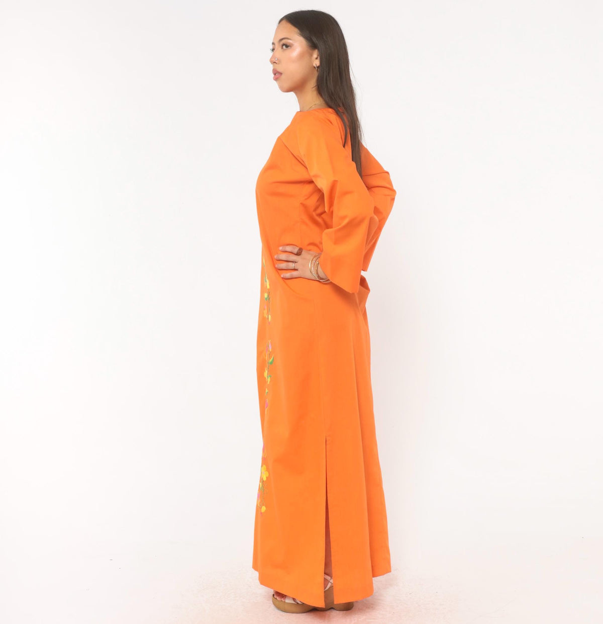 70s Orange Embroidered Maxi Dress Cotton Floral Bell Sleeve Boat Neck Medium M