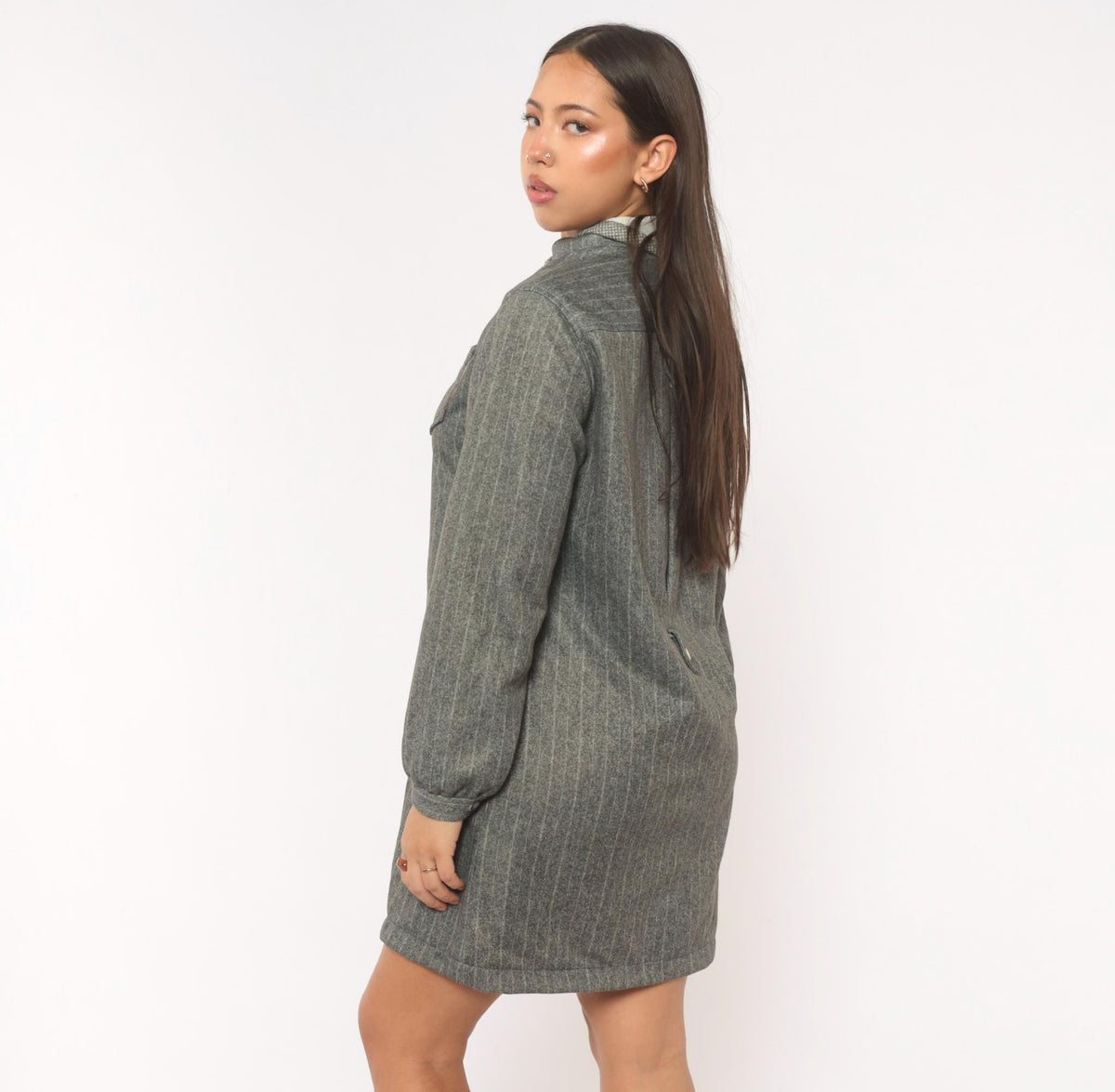60s Tina's Pinstripe Shirt Dress Grey Mandarin Collar Medium M
