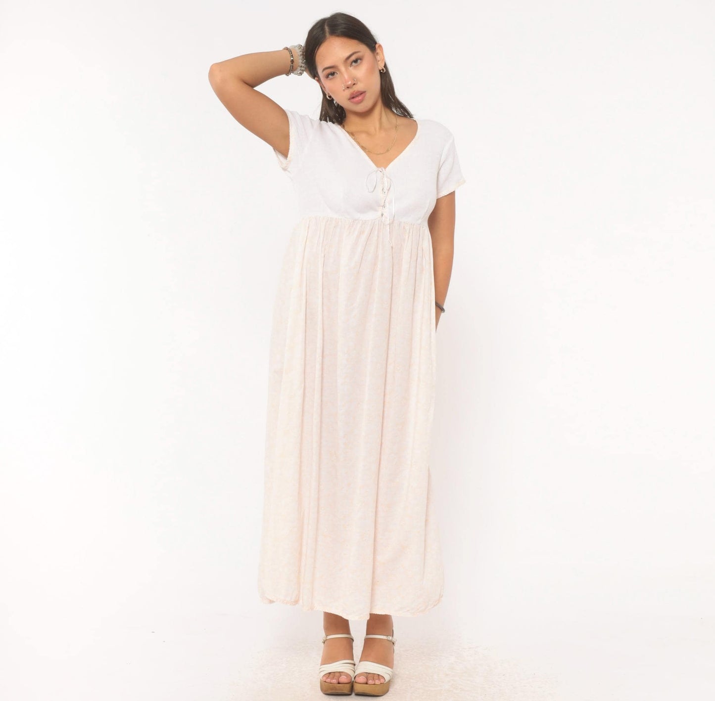 90s Victoria's Secret Floral Maxi Dress White Cotton Empire Waist Small S